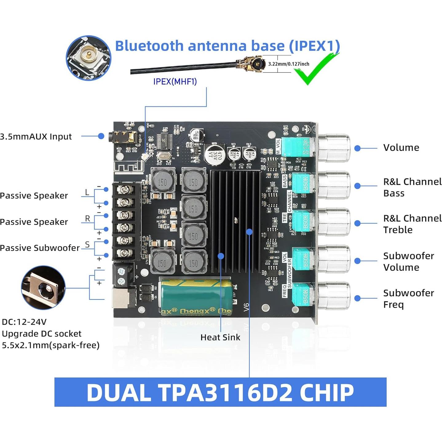 Amplificador de Potencia ZK-TB21 2.1 Canales Bluetooth 50W+50W+100W