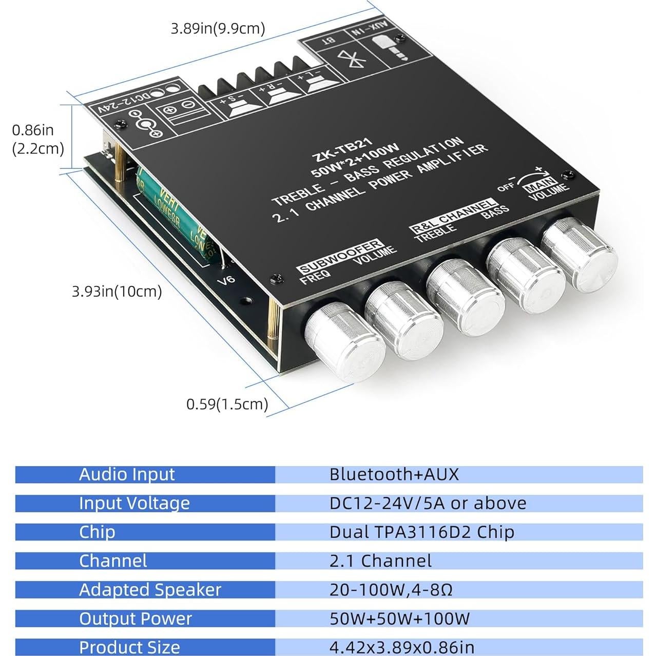 Amplificador de Potencia ZK-TB21 2.1 Canales Bluetooth 50W+50W+100W