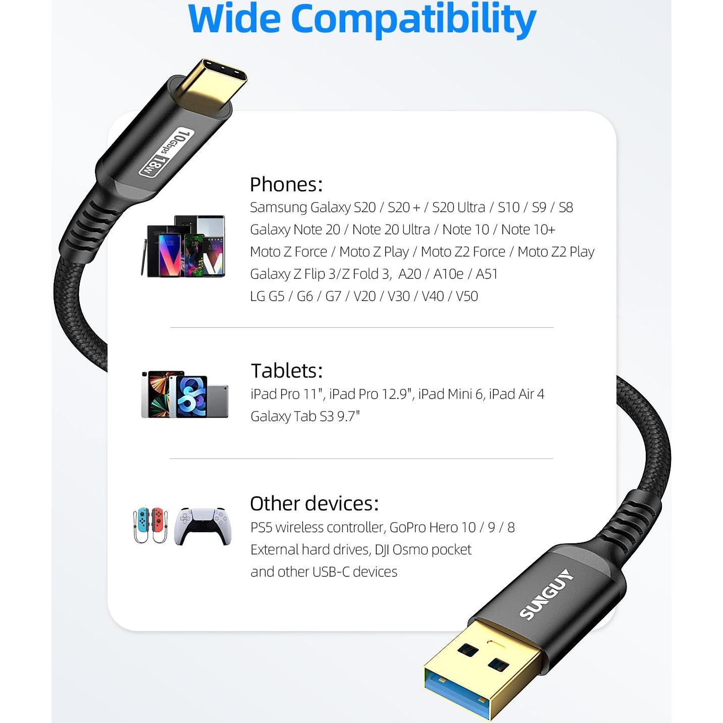 Cable USB C a USB A SUNGUY 1.5FT 10Gbps Carga Rápida
