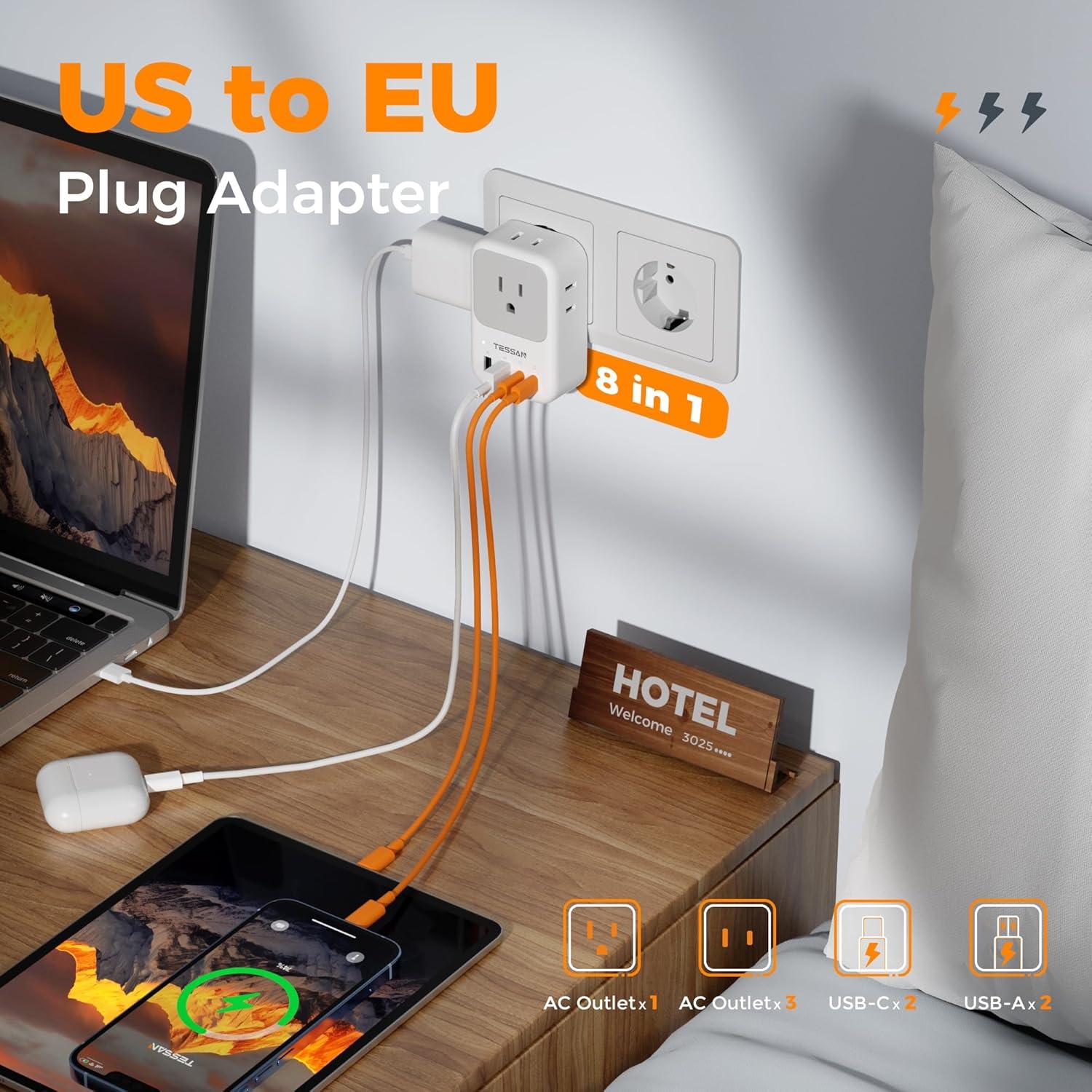 Adaptador de Enchufe de Viaje TESSAN 8 en 1 USB-C 20W UE