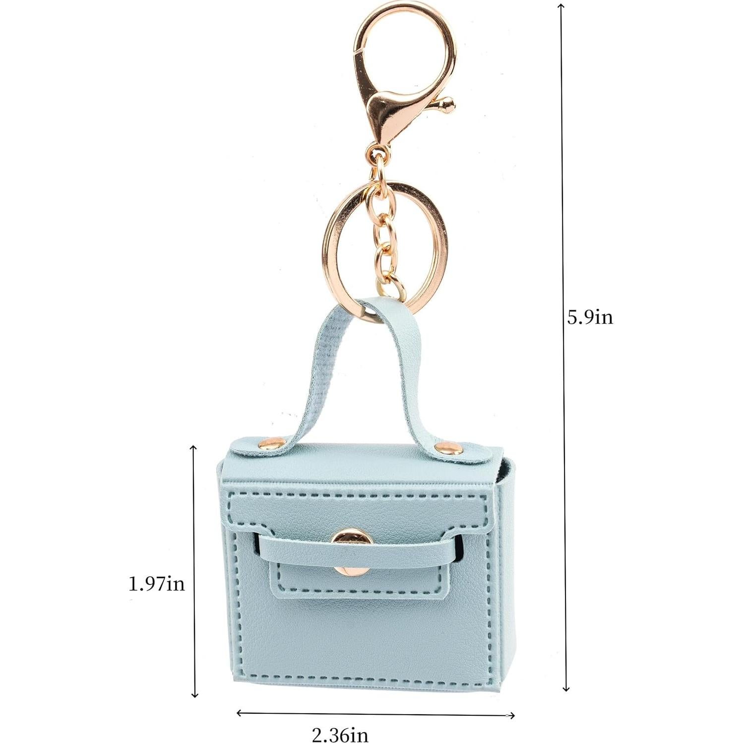 Llavero de bolso mini de cuero PU azul con charms para mujer