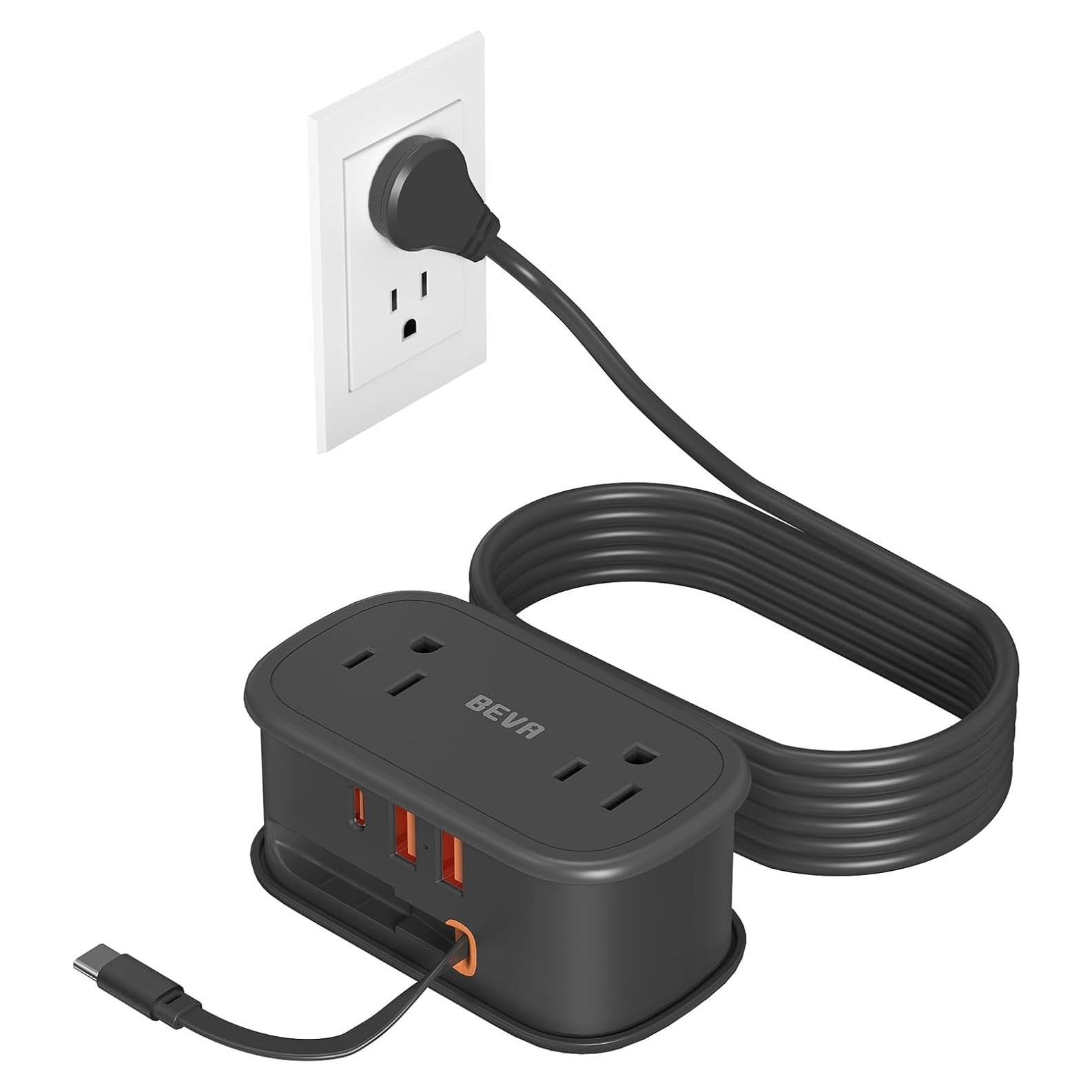 Regleta de Viaje BEVA 6 en 1 con Cable USB C Retráctil Negro
