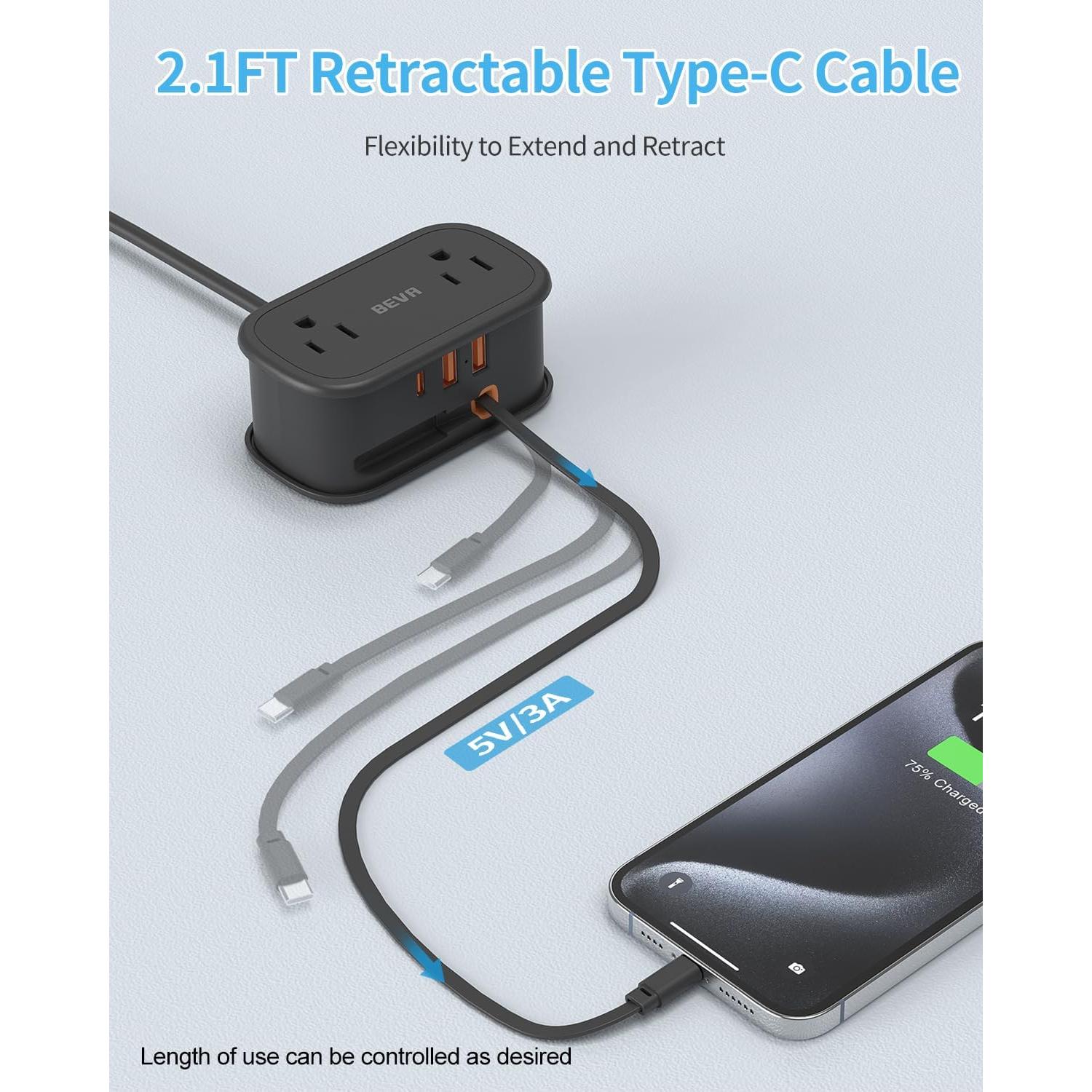 Regleta de Viaje BEVA 6 en 1 con Cable USB C Retráctil Negro