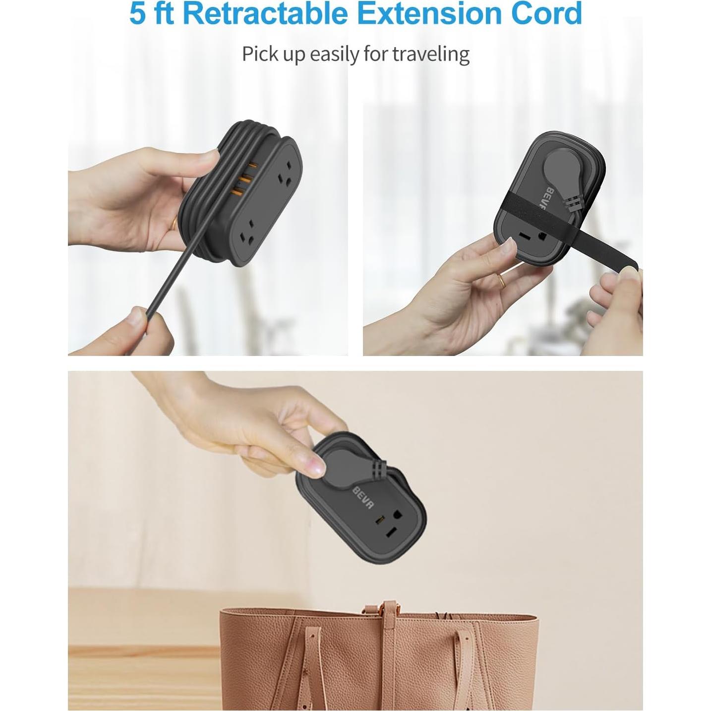 Regleta de Viaje BEVA 6 en 1 con Cable USB C Retráctil Negro