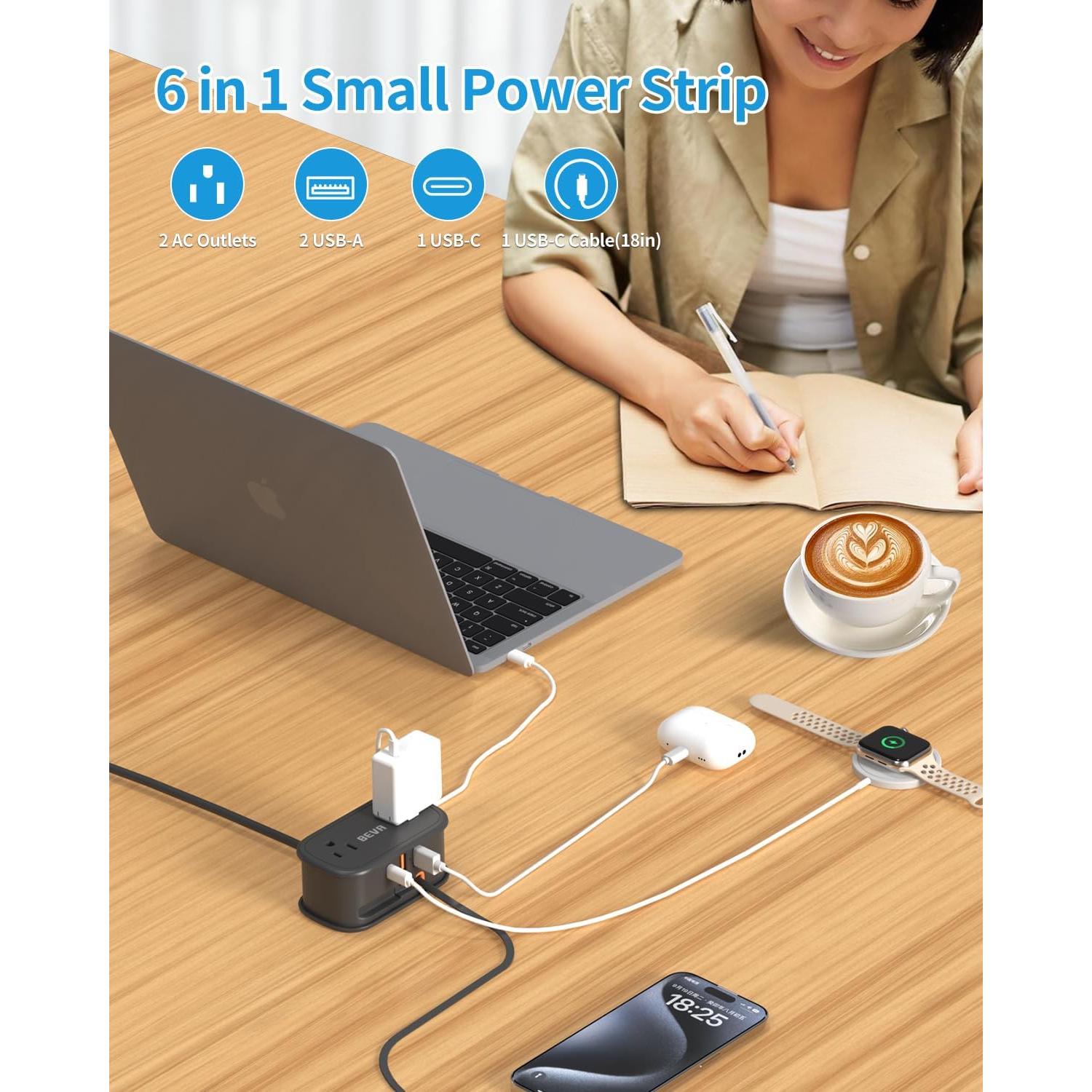 Regleta de Viaje BEVA 6 en 1 con Cable USB C Retráctil Negro