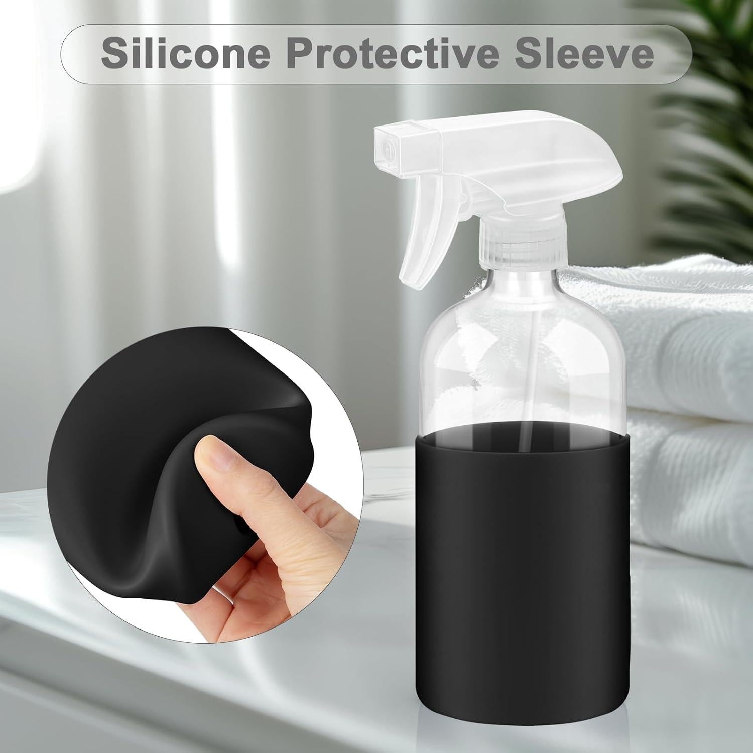 2 Botellas de Spray de Vidrio 473ml con Manga de Silicona Negra