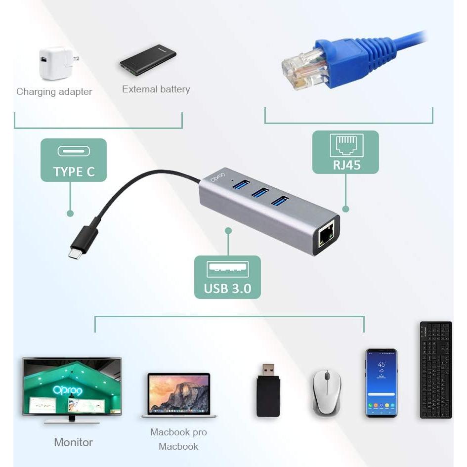 Hub USB-C a Ethernet Opro9 4 en 1 con 3 USB 3.0 y RJ45