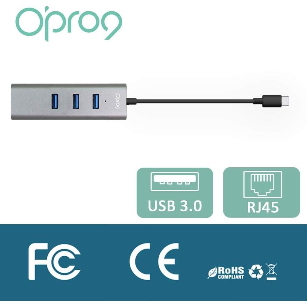 Hub USB-C a Ethernet Opro9 4 en 1 con 3 USB 3.0 y RJ45
