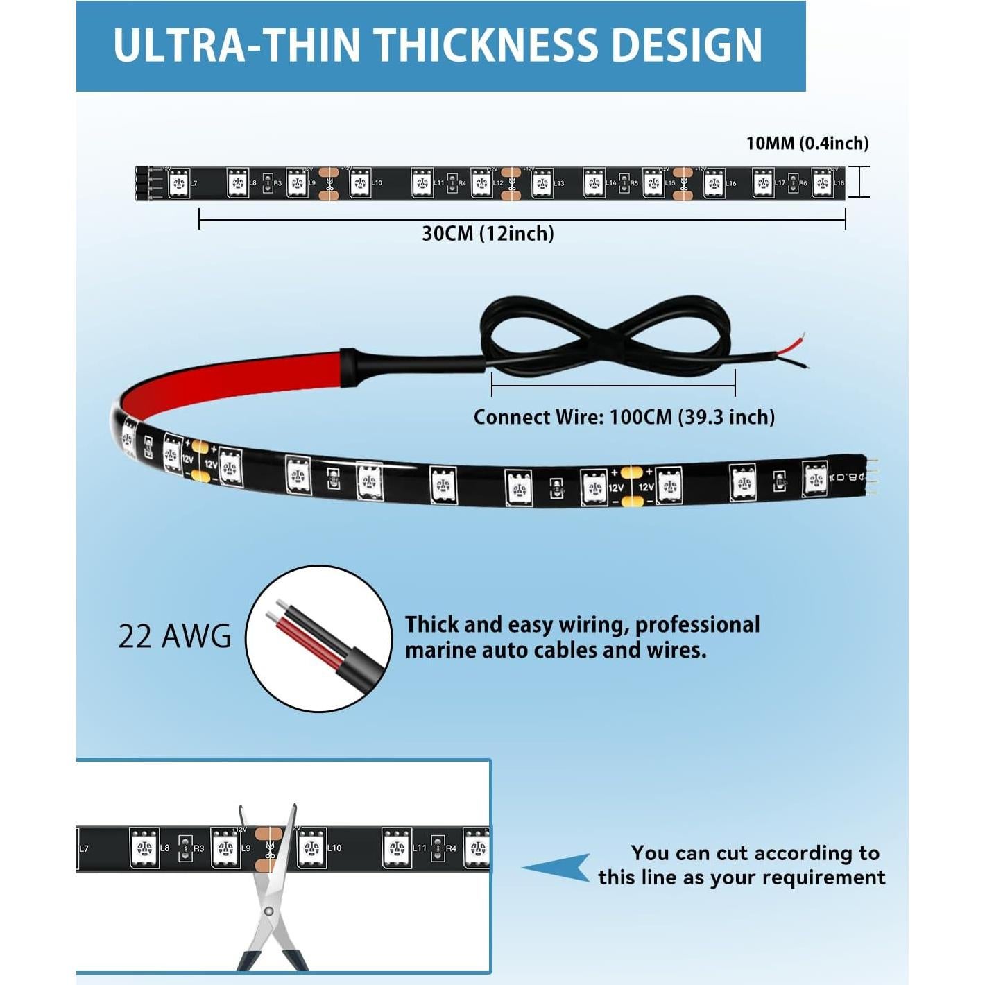 Luces de tira LED 12V Keiurot 30 cm azules impermeables - Paquete de 4