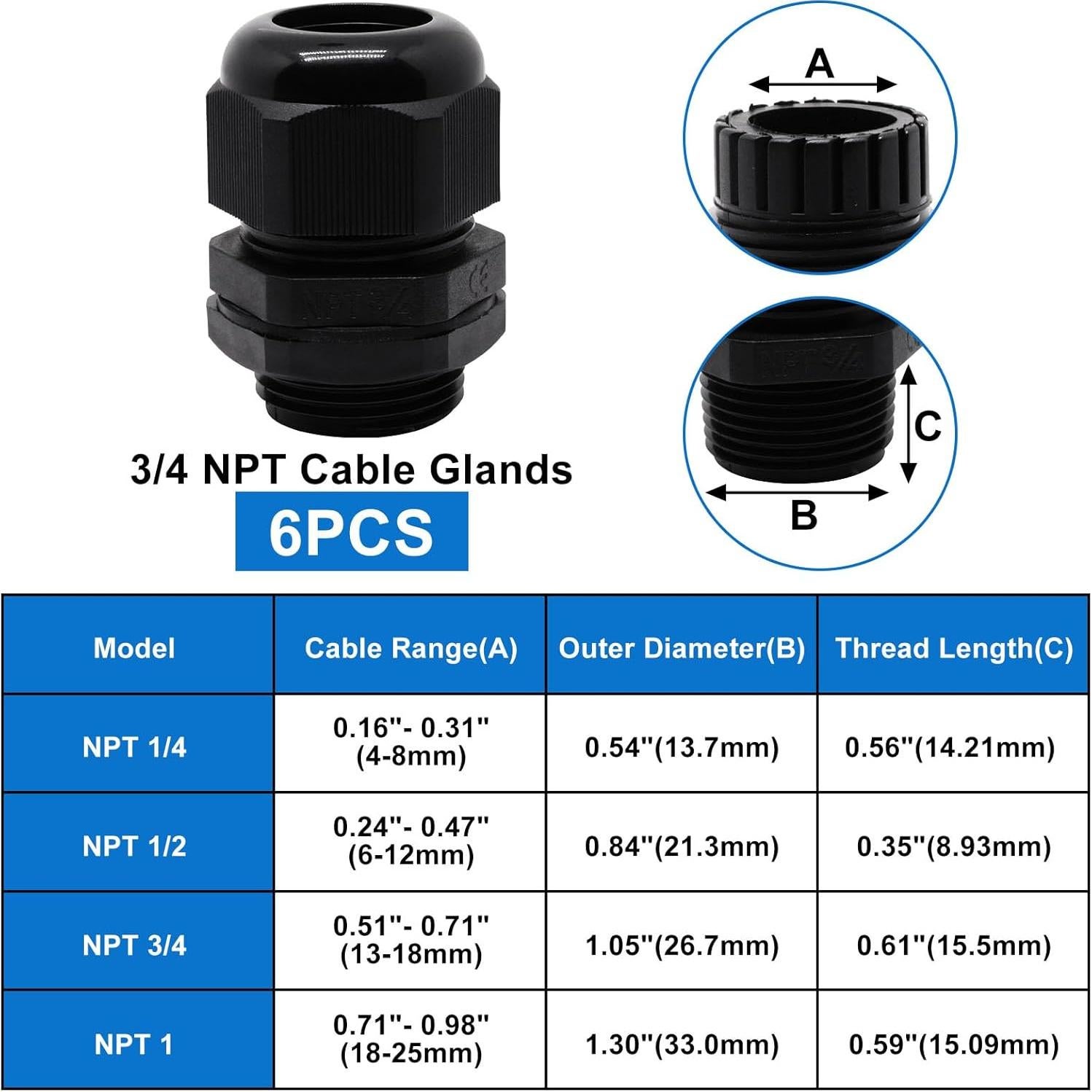 Gland de Cable Impermeable Sydien 3/4" NPT 6 Pcs IP68 Negro