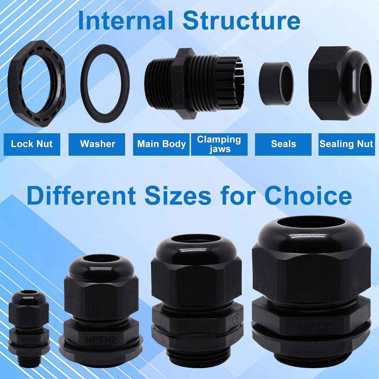 Gland de Cable Impermeable Sydien 3/4" NPT 6 Pcs IP68 Negro