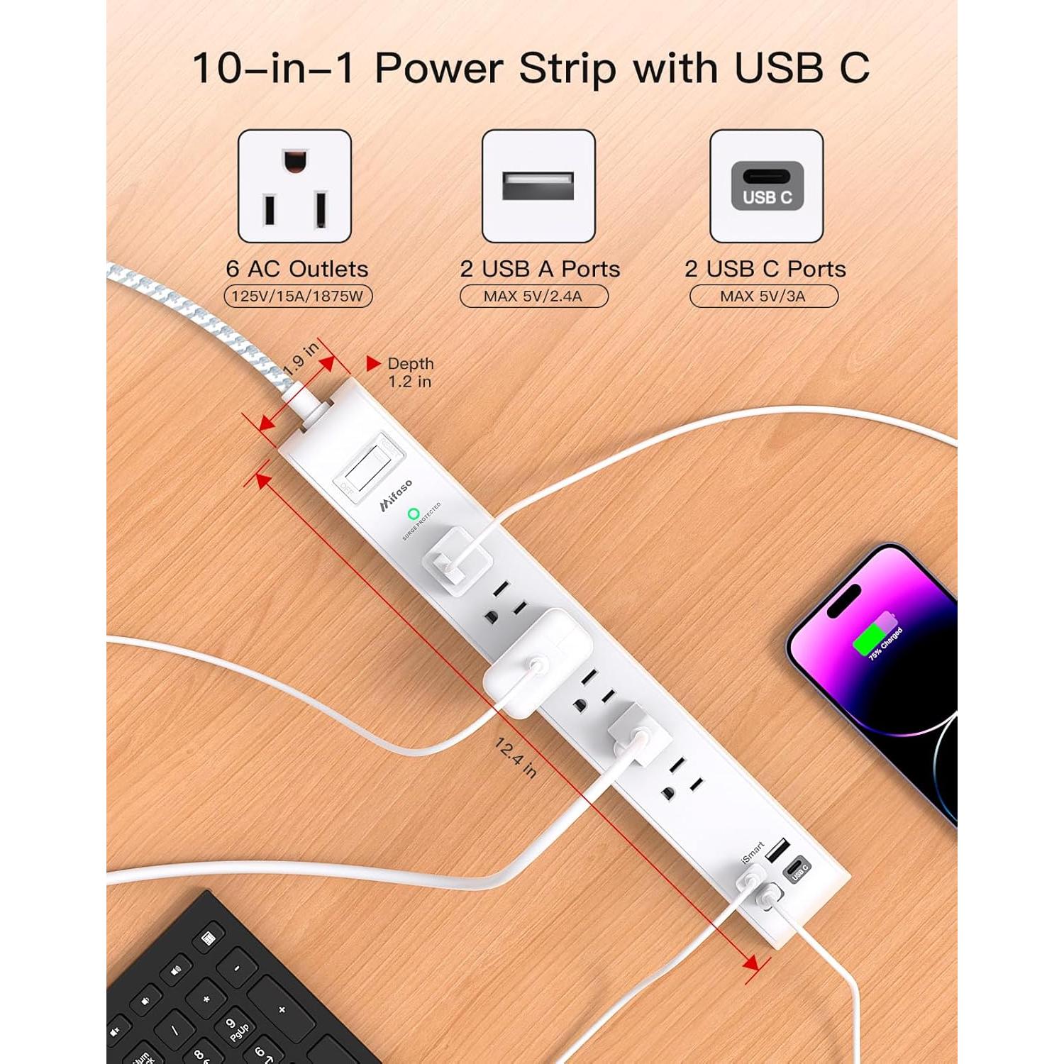 Regleta de Enchufe MIFASOPOWER 6 Salidas AC y 4 USB-C 1.52m