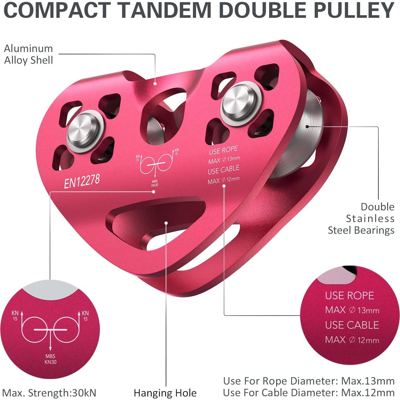 Polea Doble de Zip Line Lixada 30KN para Cables de 1/4 a 1/2