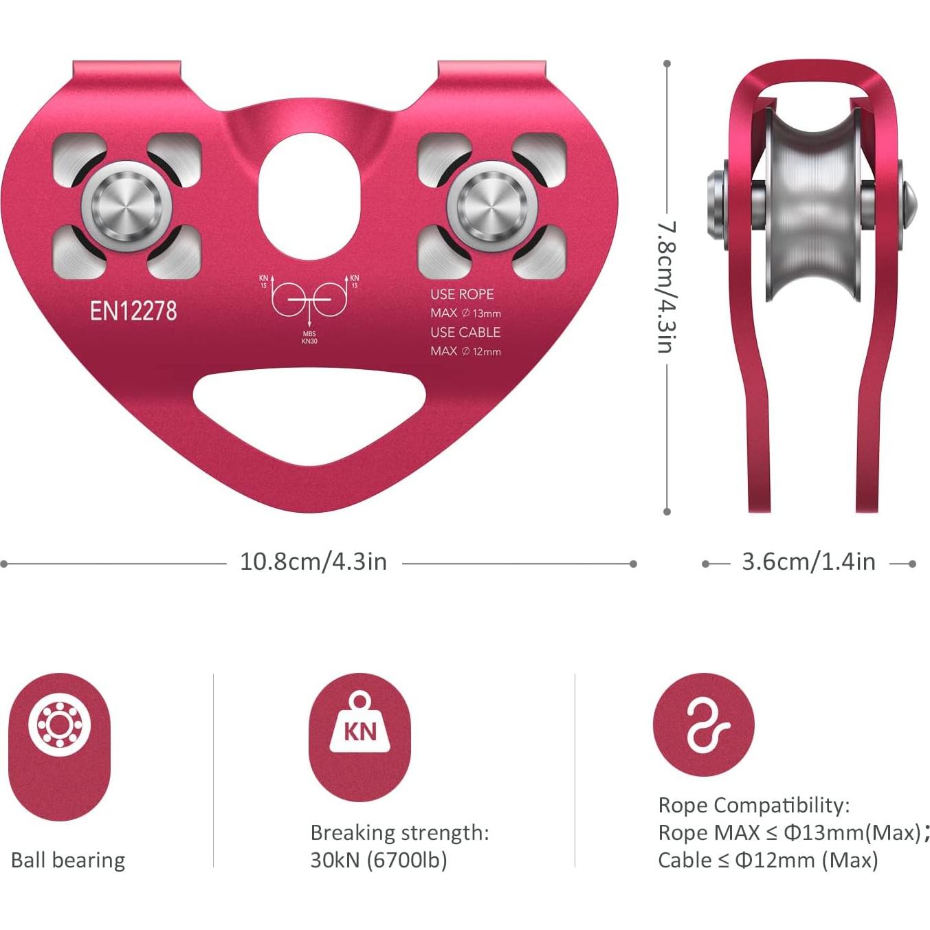 Polea Doble de Zip Line Lixada 30KN para Cables de 1/4 a 1/2