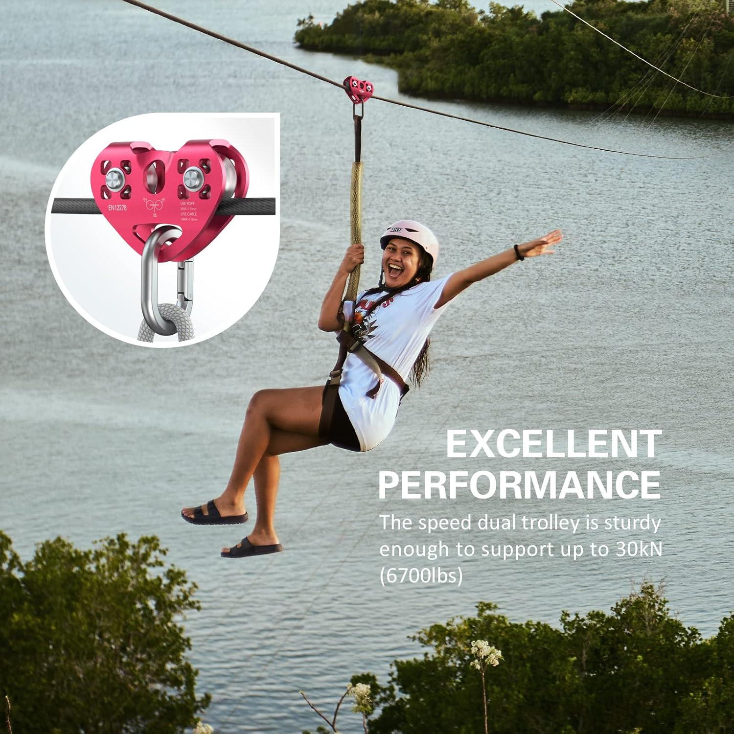 Polea Doble de Zip Line Lixada 30KN para Cables de 1/4 a 1/2