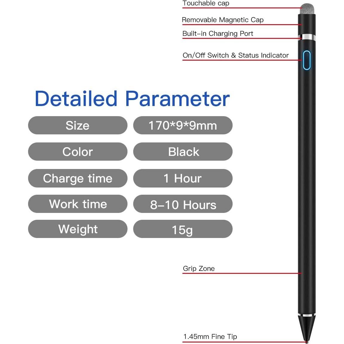 Lápiz Stylus AICase 1.45mm para Pantallas Táctiles - Negro