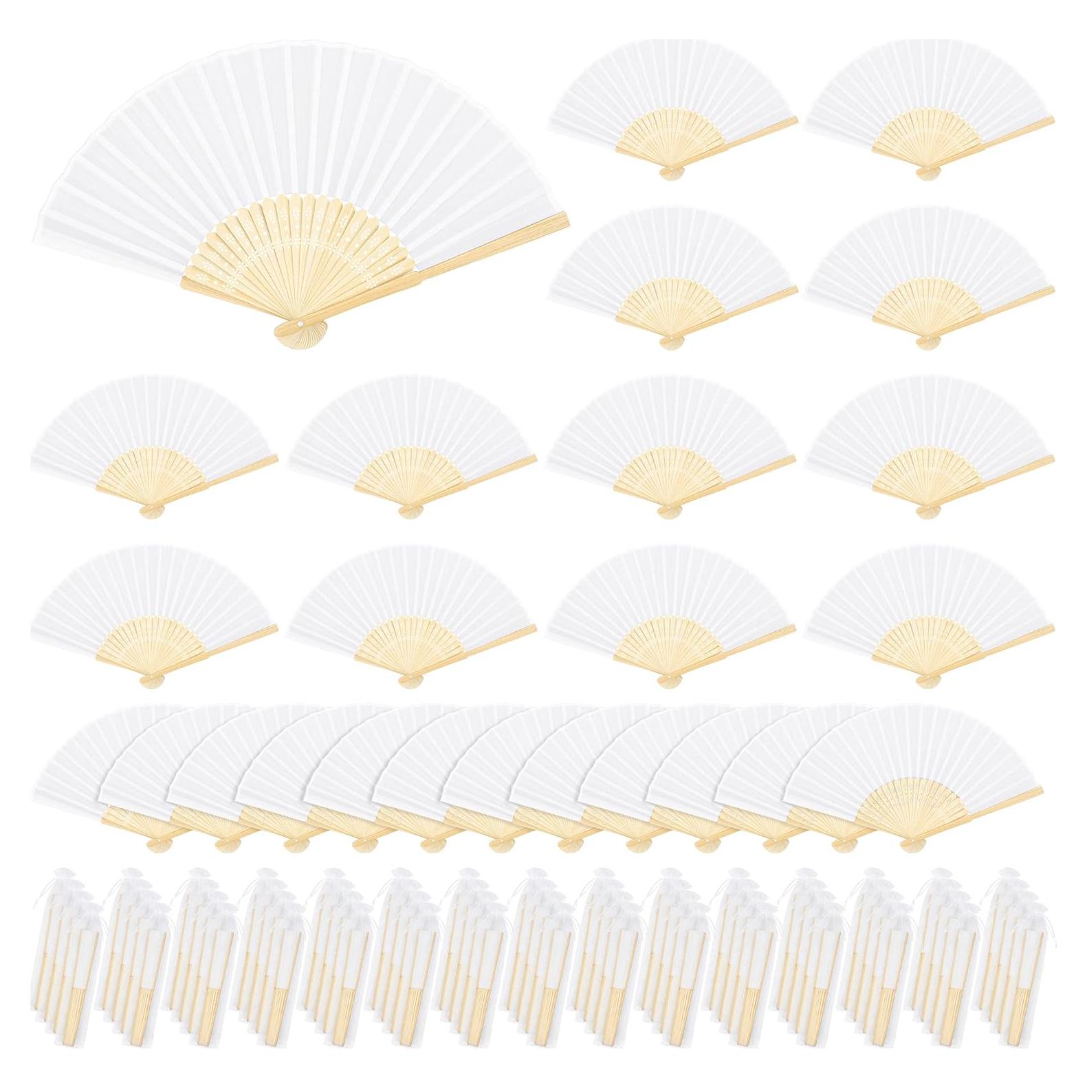 80 Abanicos de Mano Plegables MCEAST de Seda y Bambú Blancos