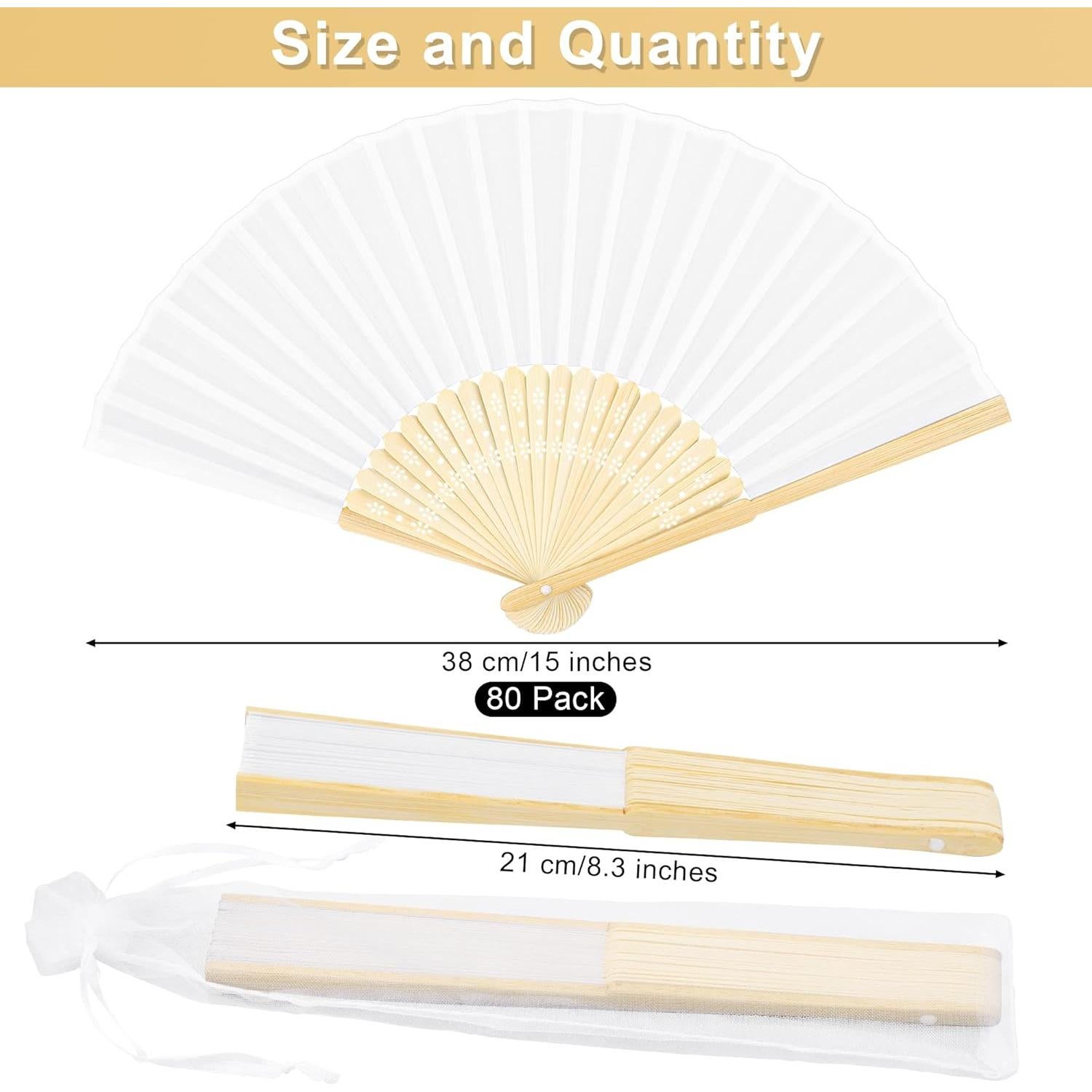 80 Abanicos de Mano Plegables MCEAST de Seda y Bambú Blancos