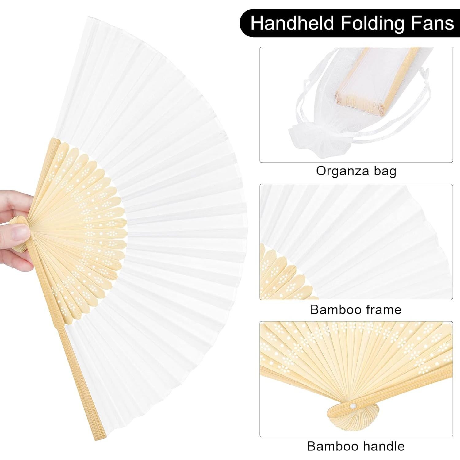 80 Abanicos de Mano Plegables MCEAST de Seda y Bambú Blancos