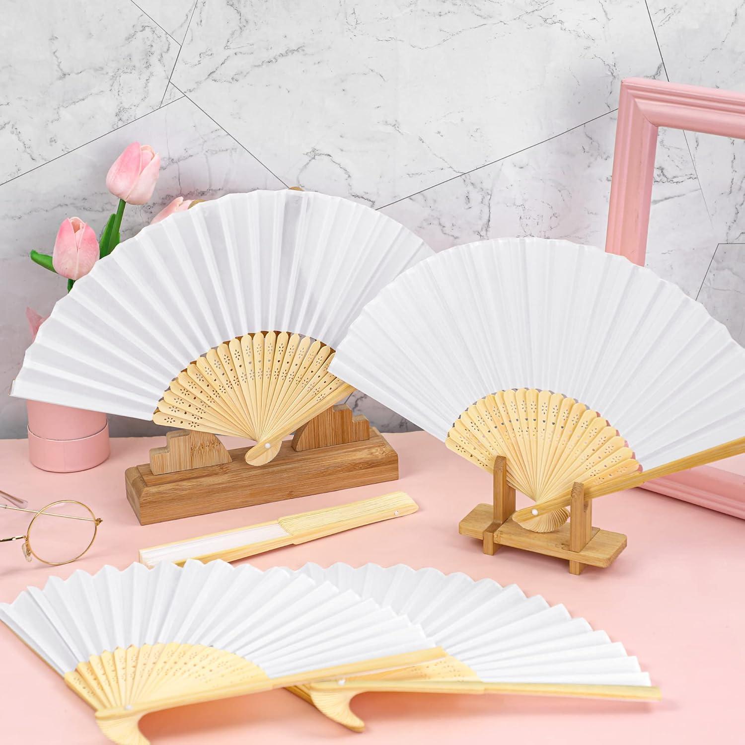 80 Abanicos de Mano Plegables MCEAST de Seda y Bambú Blancos