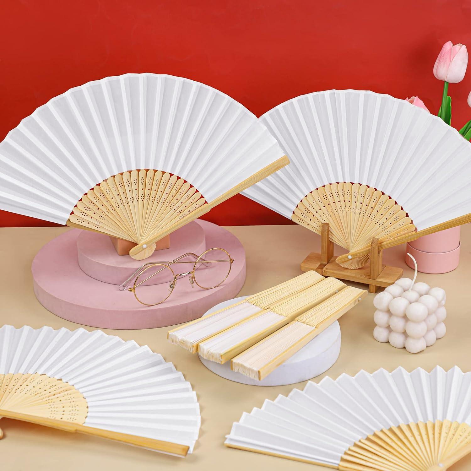 80 Abanicos de Mano Plegables MCEAST de Seda y Bambú Blancos