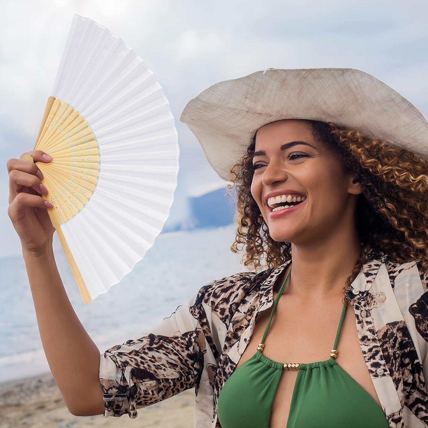 80 Abanicos de Mano Plegables MCEAST de Seda y Bambú Blancos