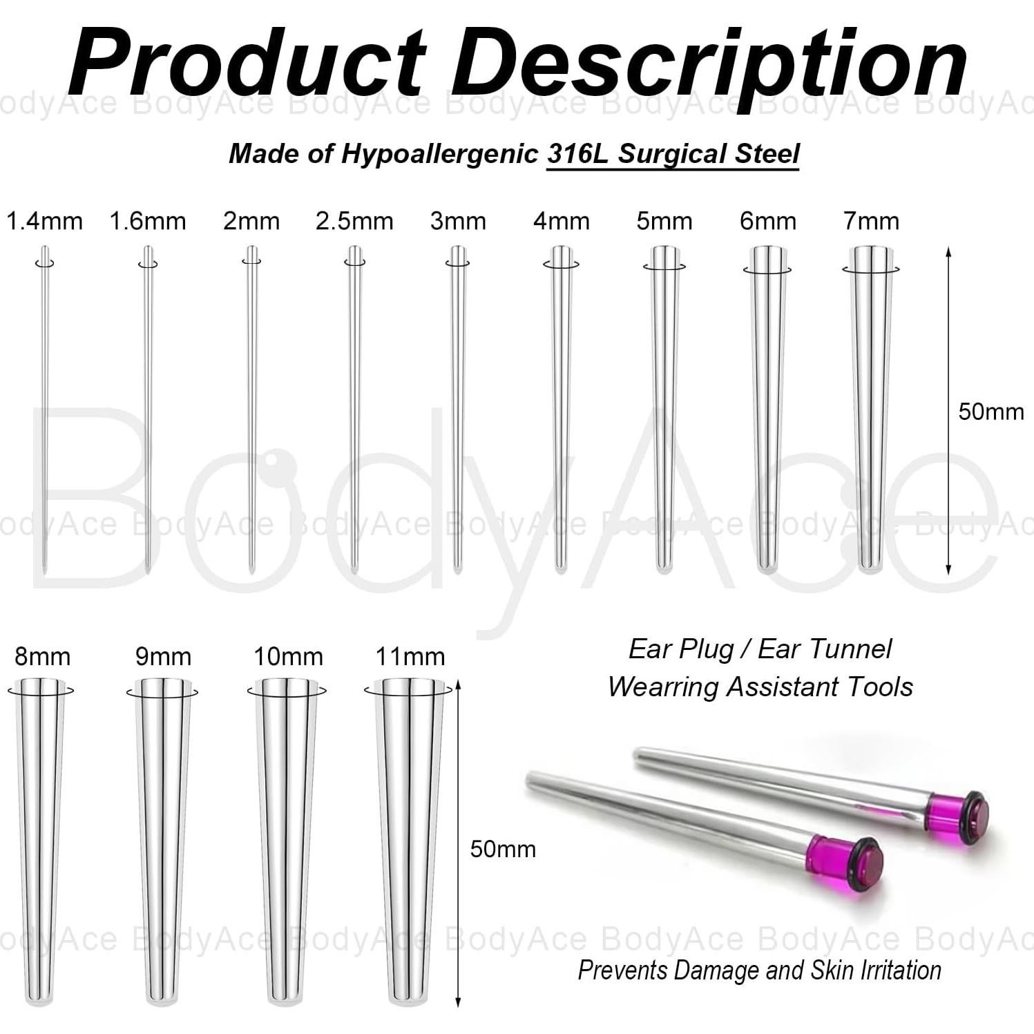 Taper BodyAce 1pc Acero Inoxidable 1.4mm a 11mm