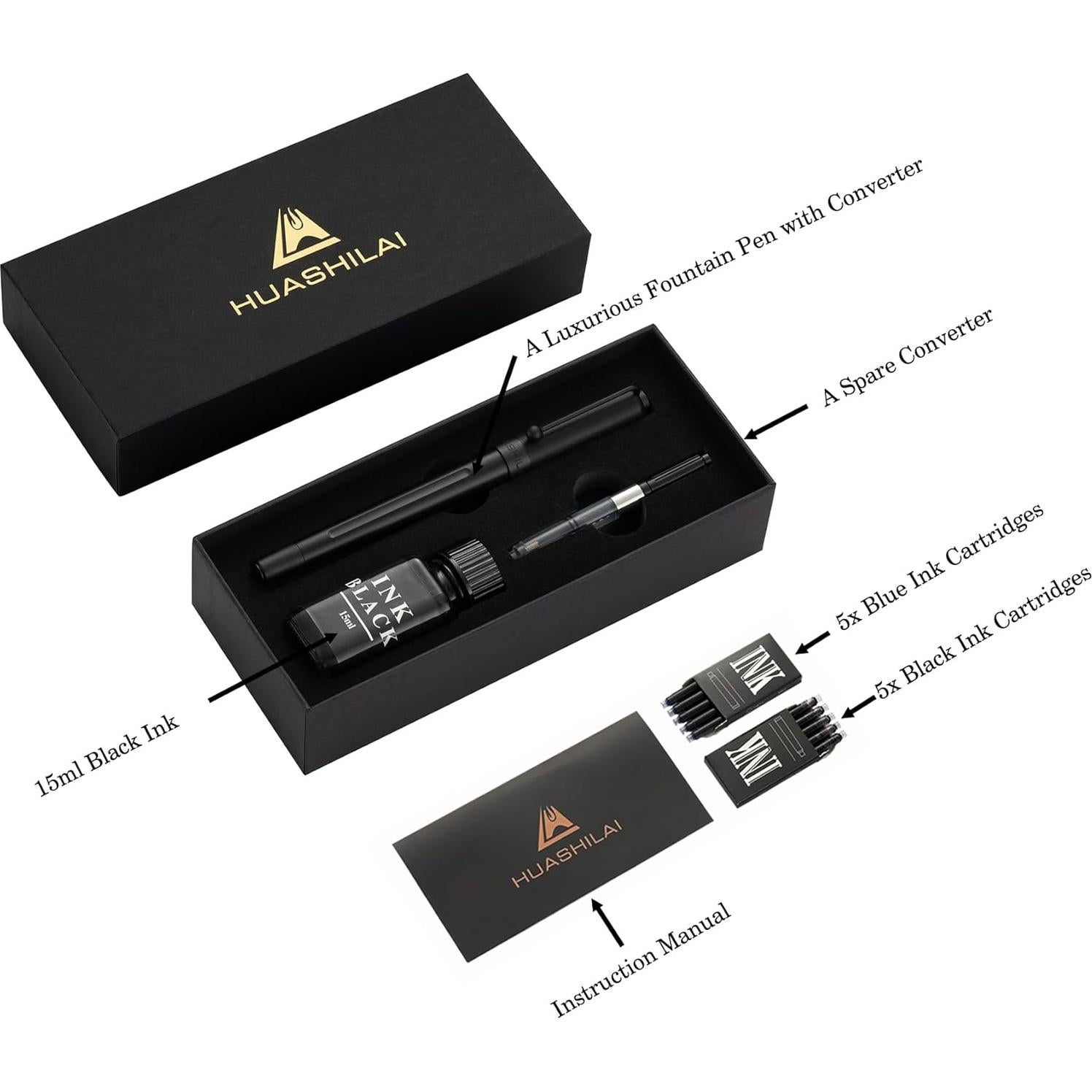 Conjunto de Pluma Fuente HUASHILAI Negro Mate con Tinta y Estuche