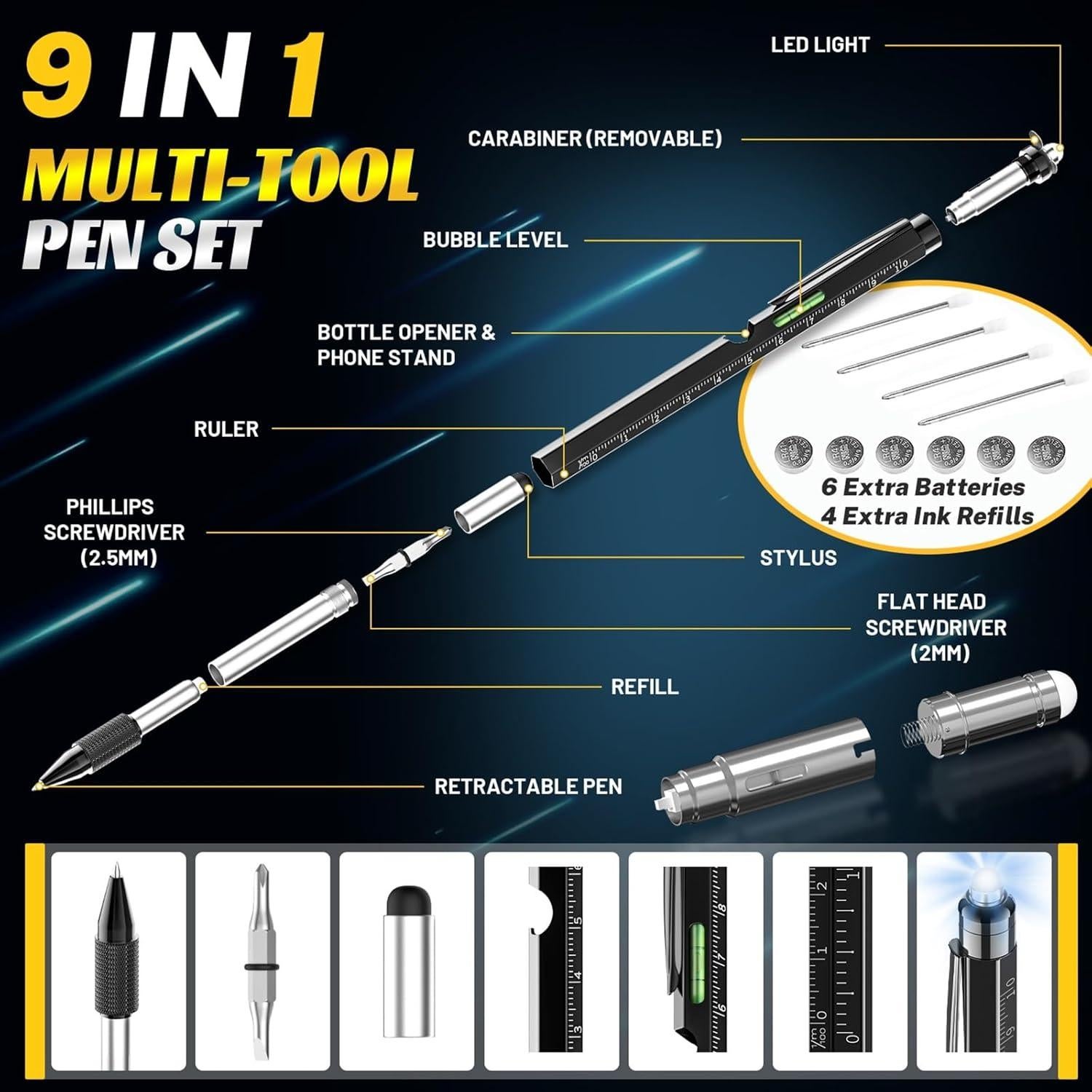 Bolígrafo Multi-Herramienta NADRQQE 9 en 1 Negro
