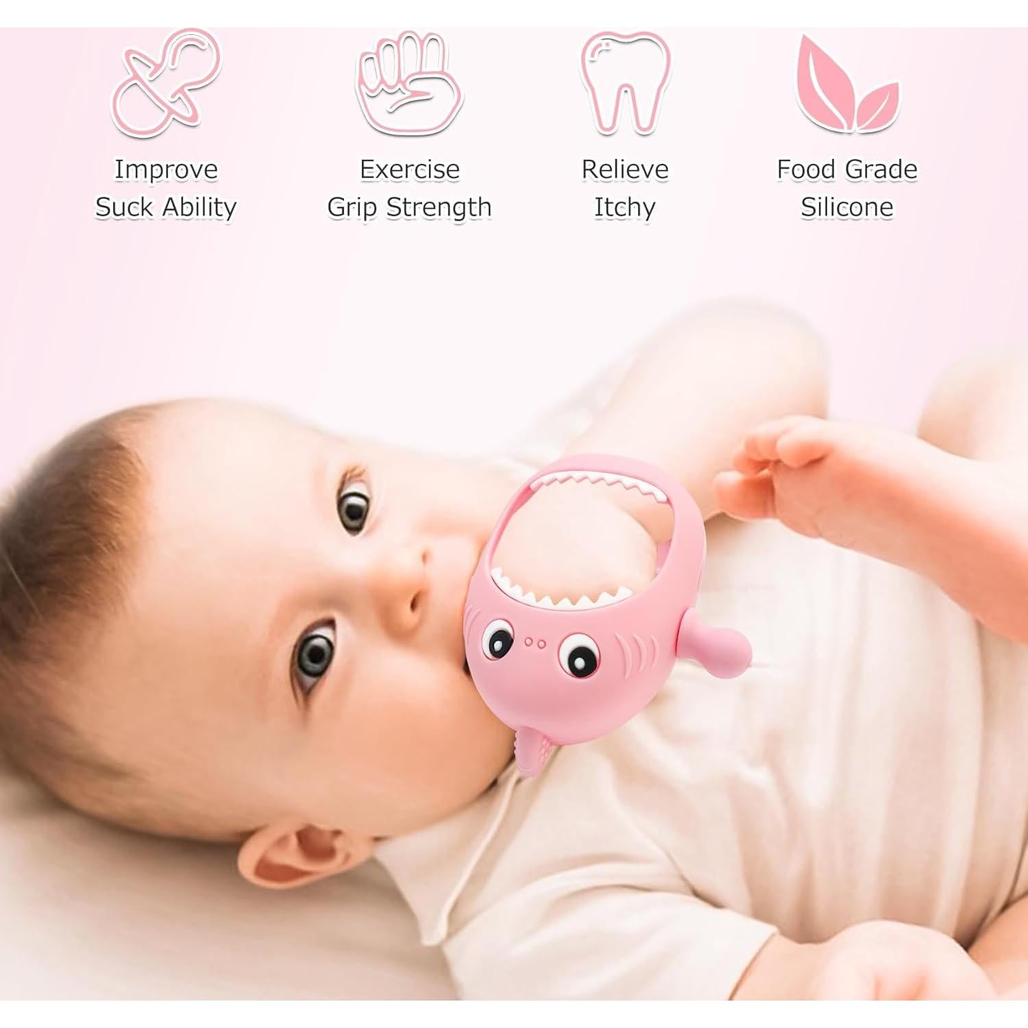 Mordedor de Silicona para Bebés Tiburón Bonito Rosa