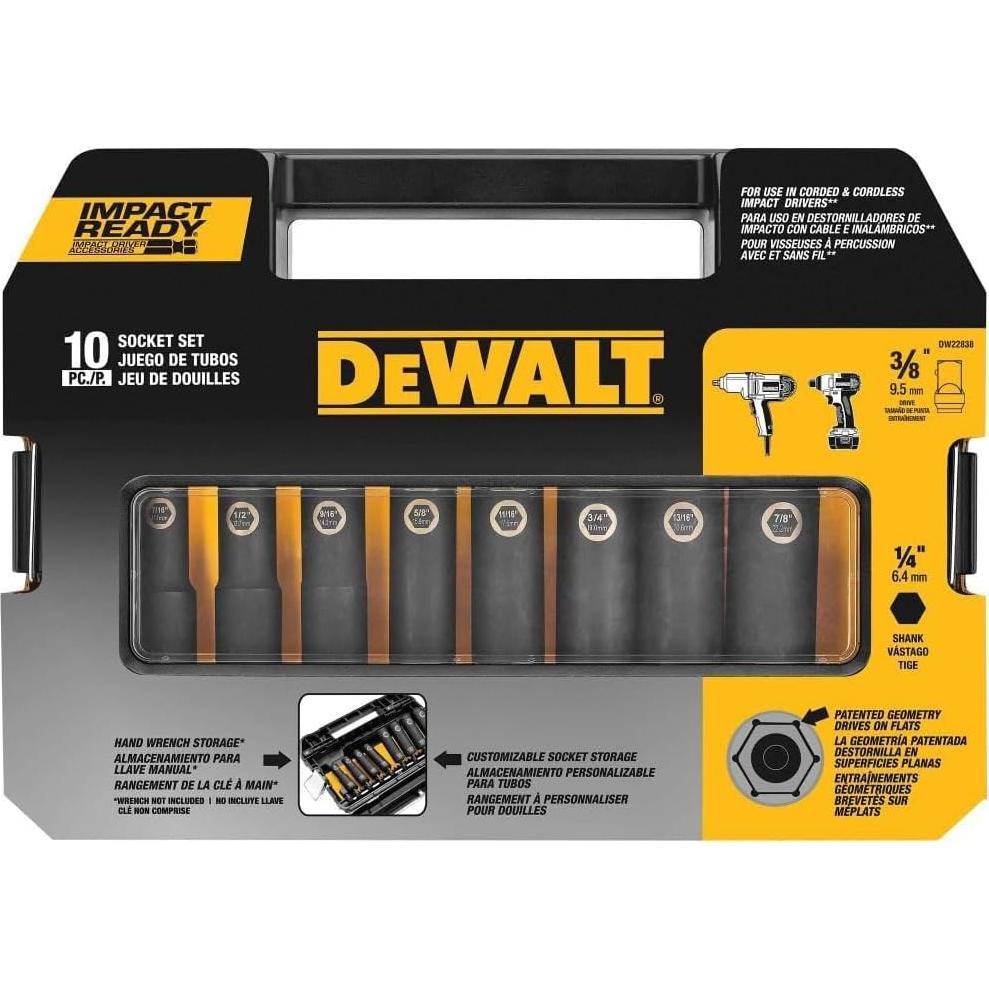 Juego de Enchufes de Impacto DEWALT DW22838, 10 Piezas 3/8"