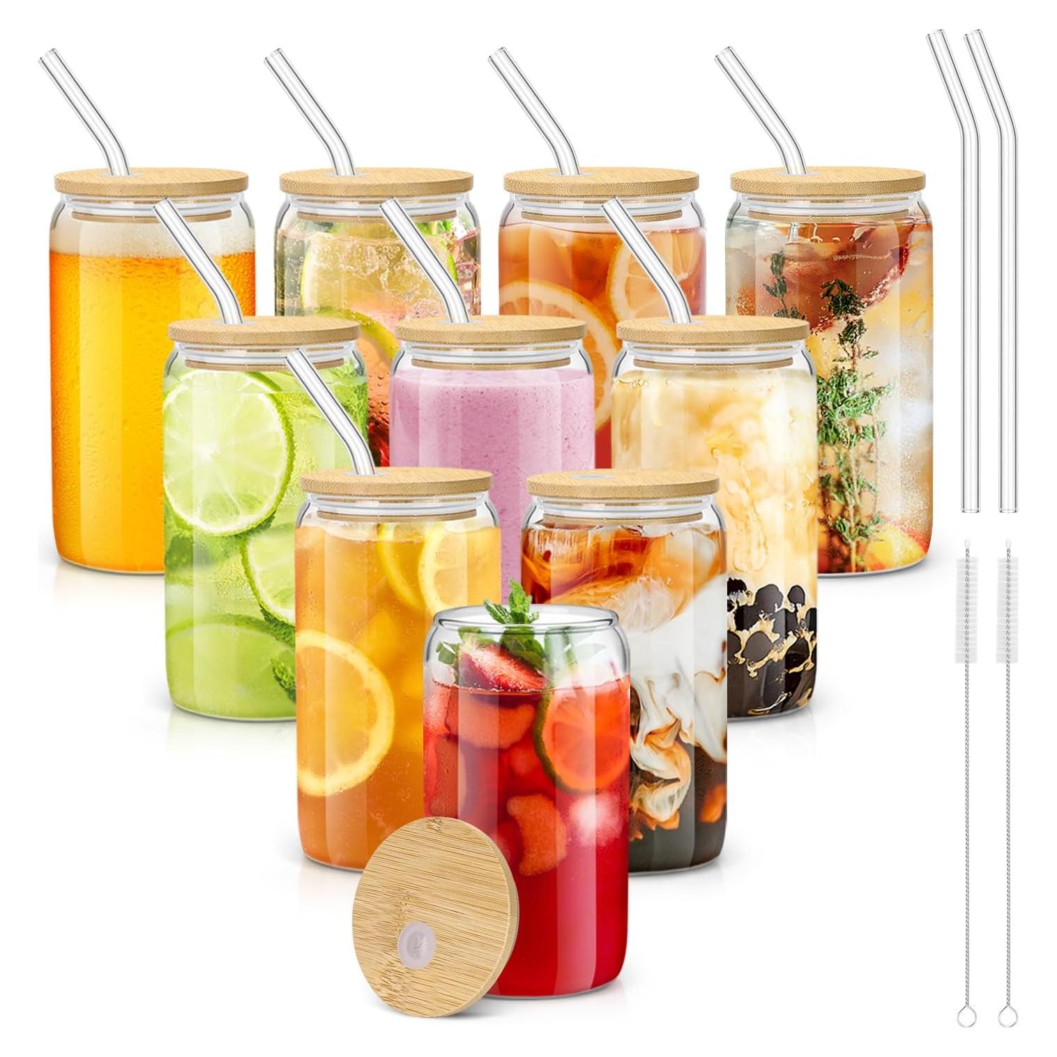 Juego de 10 Vasos de Vidrio 16oz con Tapas de Bambú Sungwoo