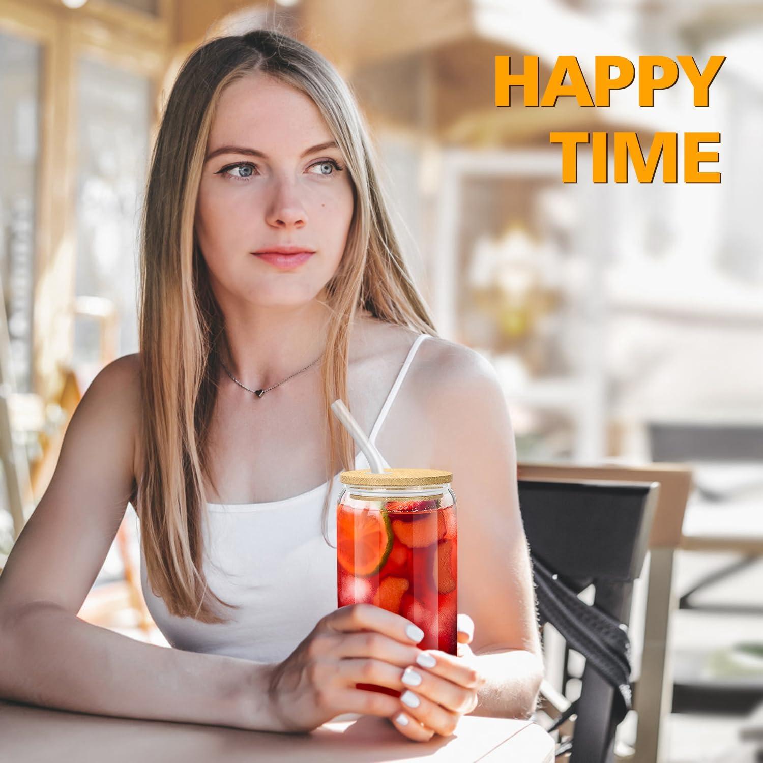 Juego de 10 Vasos de Vidrio 16oz con Tapas de Bambú Sungwoo