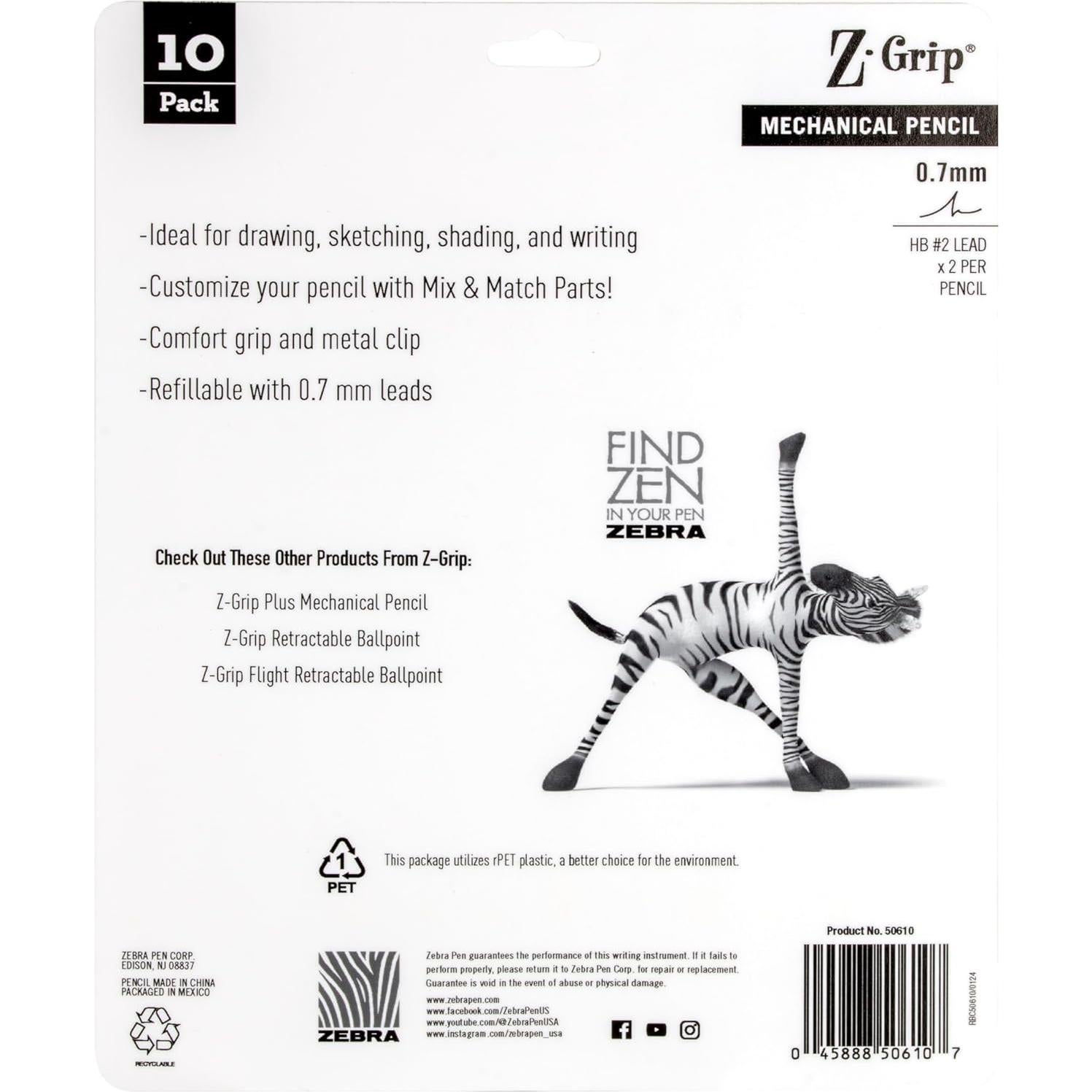 Lápiz Mecánico Zebra Pen Z-Grip 0.7mm HB #2 Paquete de 10