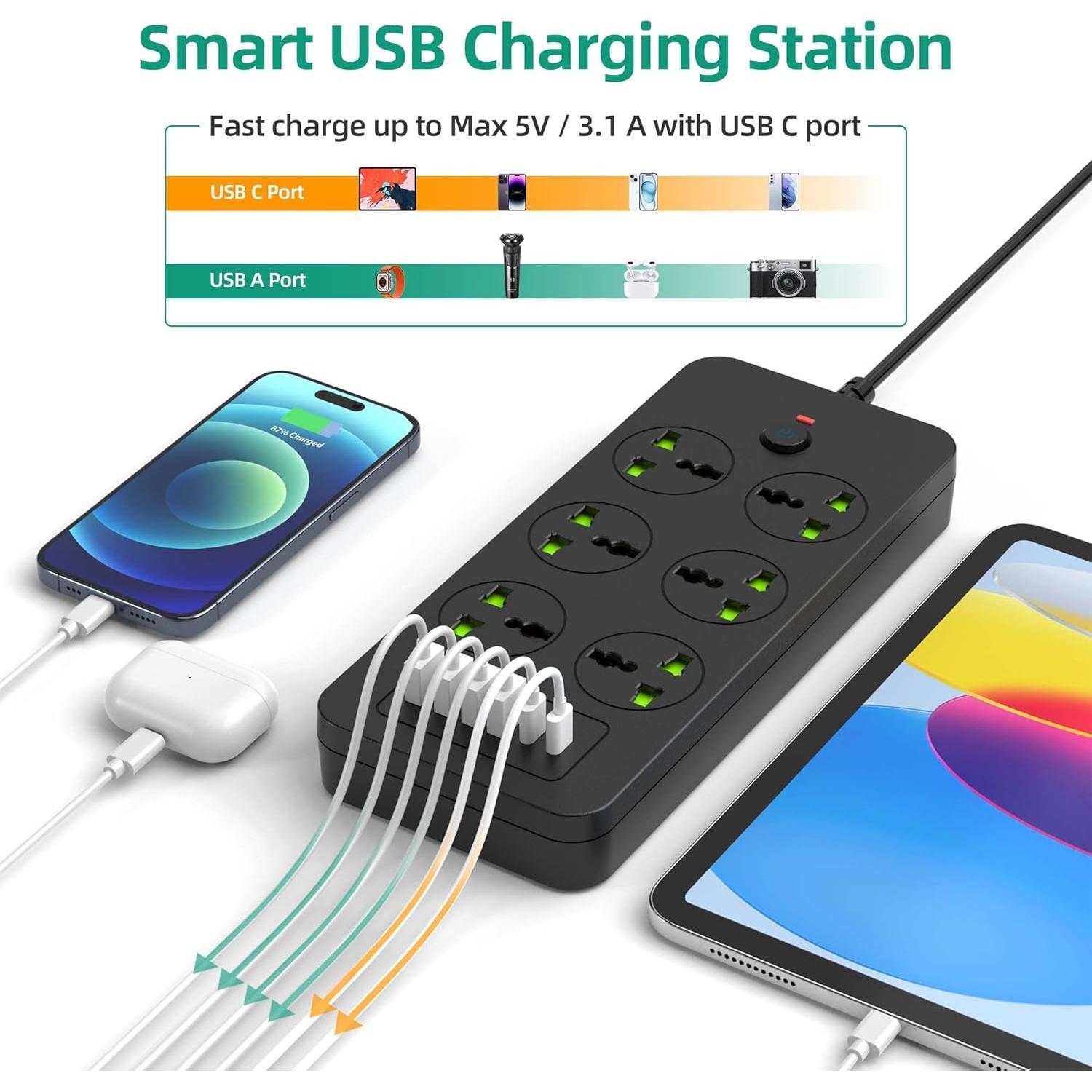 Regleta de Enchufes Universales XYZCREAT 6 Salidas 4 USB Carga Rápida