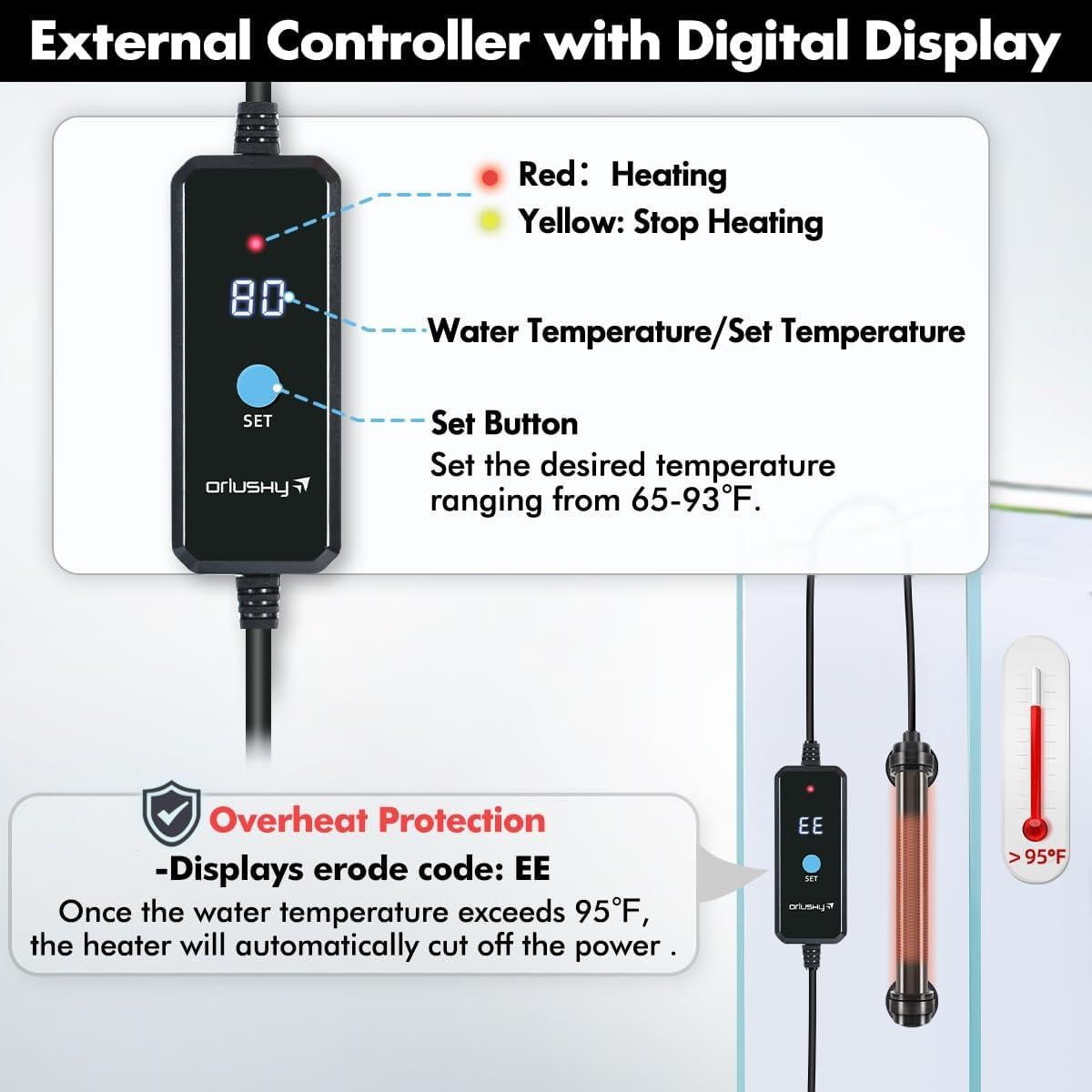 Calentador de Acuario Orlushy 25W Ajustable con Controlador Digital
