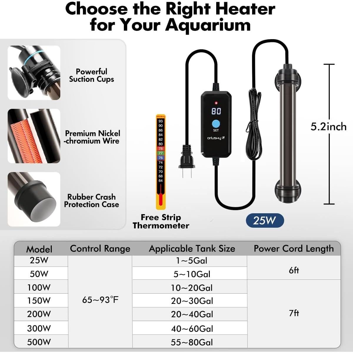 Calentador de Acuario Orlushy 25W Ajustable con Controlador Digital