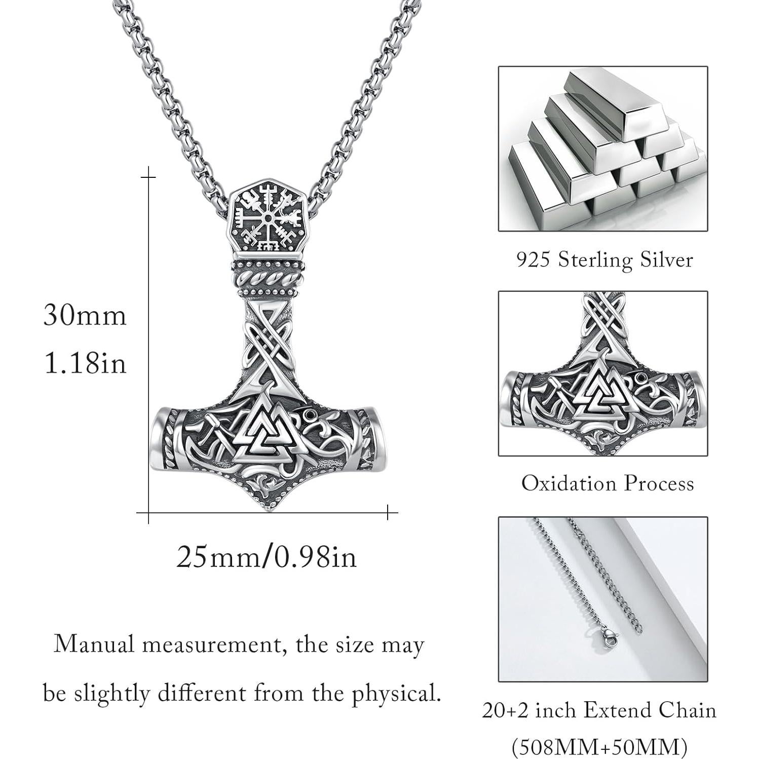 Collar Martillo de Thor Vikingo 925 Plata Esterlina con Cadena 55.88 cm