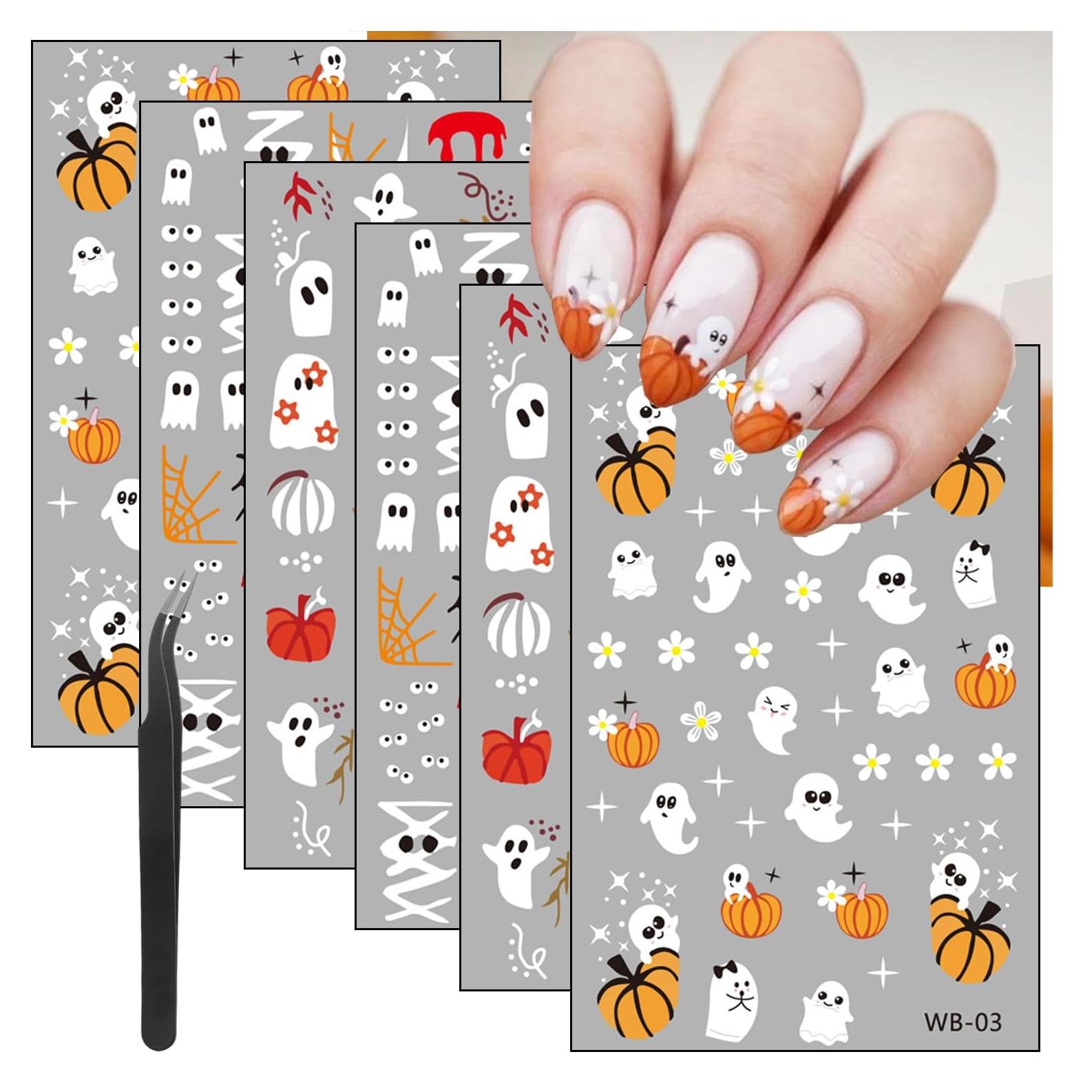 6 Sheets Halloween Nail Stickers 3D Self-Adhesive Cute Ghost, Pumpkin, Spider & Spider Web Nail Art Stickers Designs for Women, Girls DIY Manicure Nail Decoration