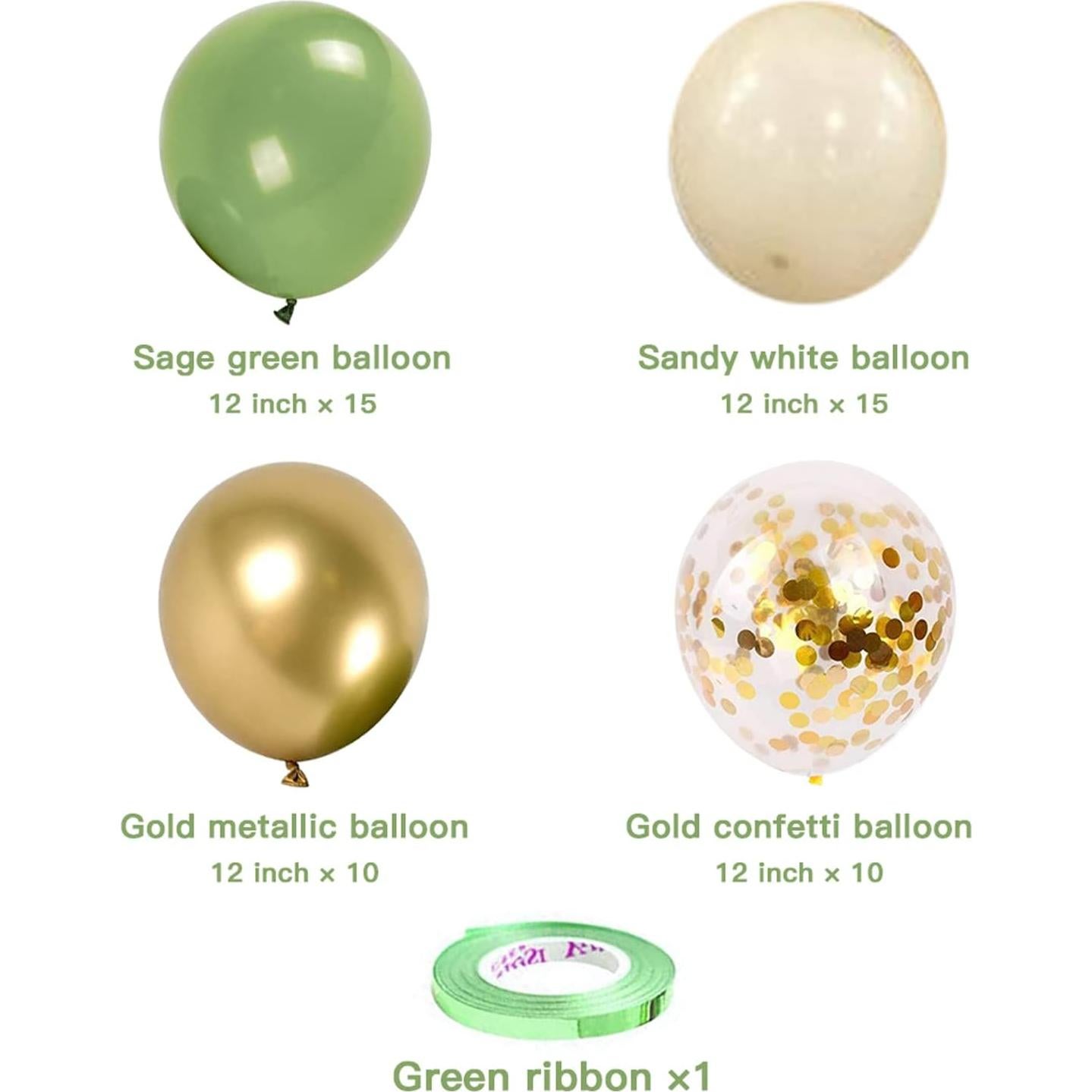 Globos de Confeti Verde Salvia y Dorado - 50 pcs 30 cm