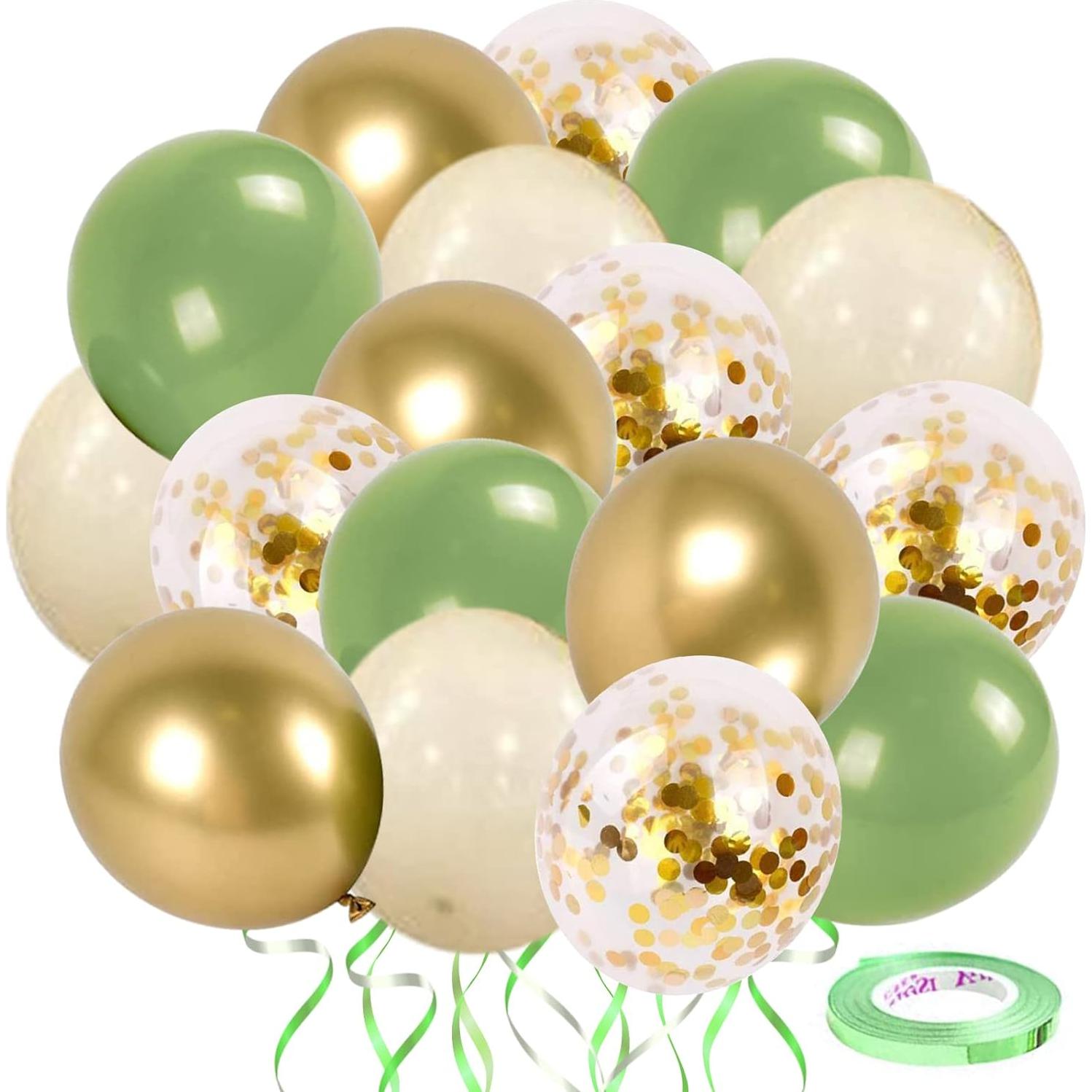 Globos de Confeti Verde Salvia y Dorado - 50 pcs 30 cm