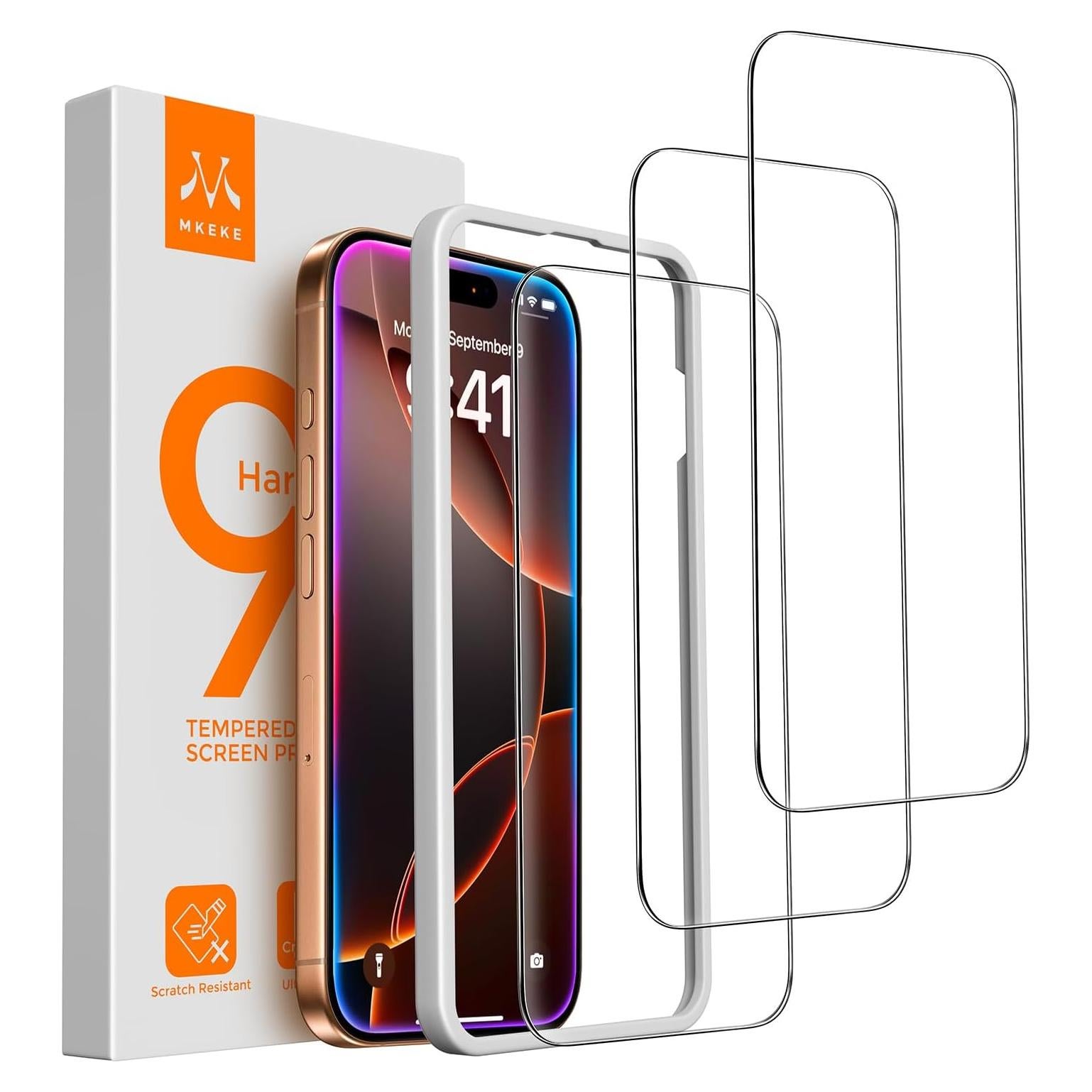 Protector de Pantalla Mkeke para iPhone 16 Pro 6.3" - Paquete de 3 Vidrio Templado 9H