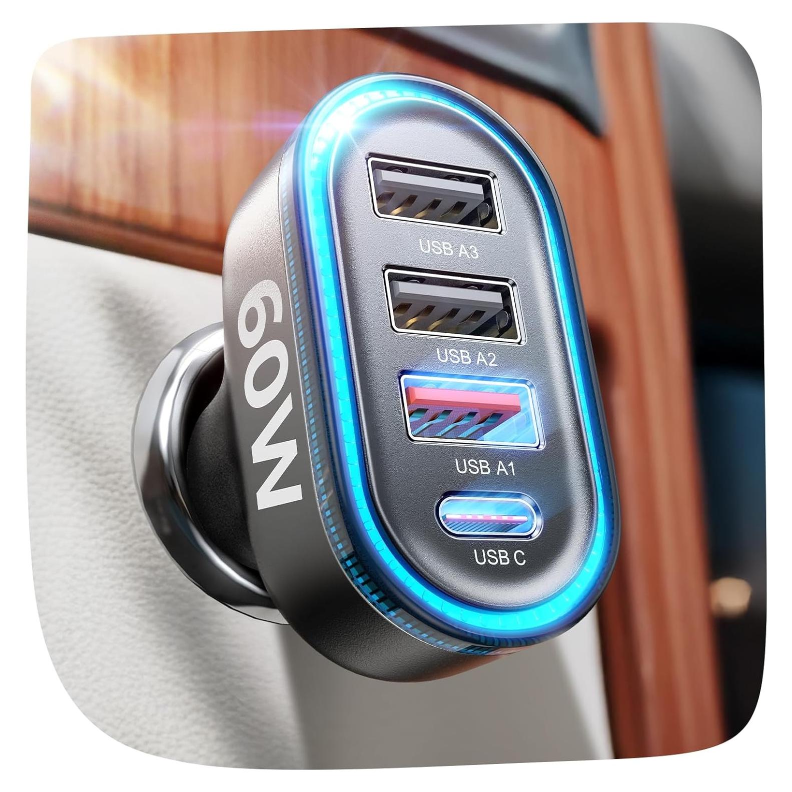 Cargador de Coche USB C LISEN 60W 4 Puertos Rápido Negro