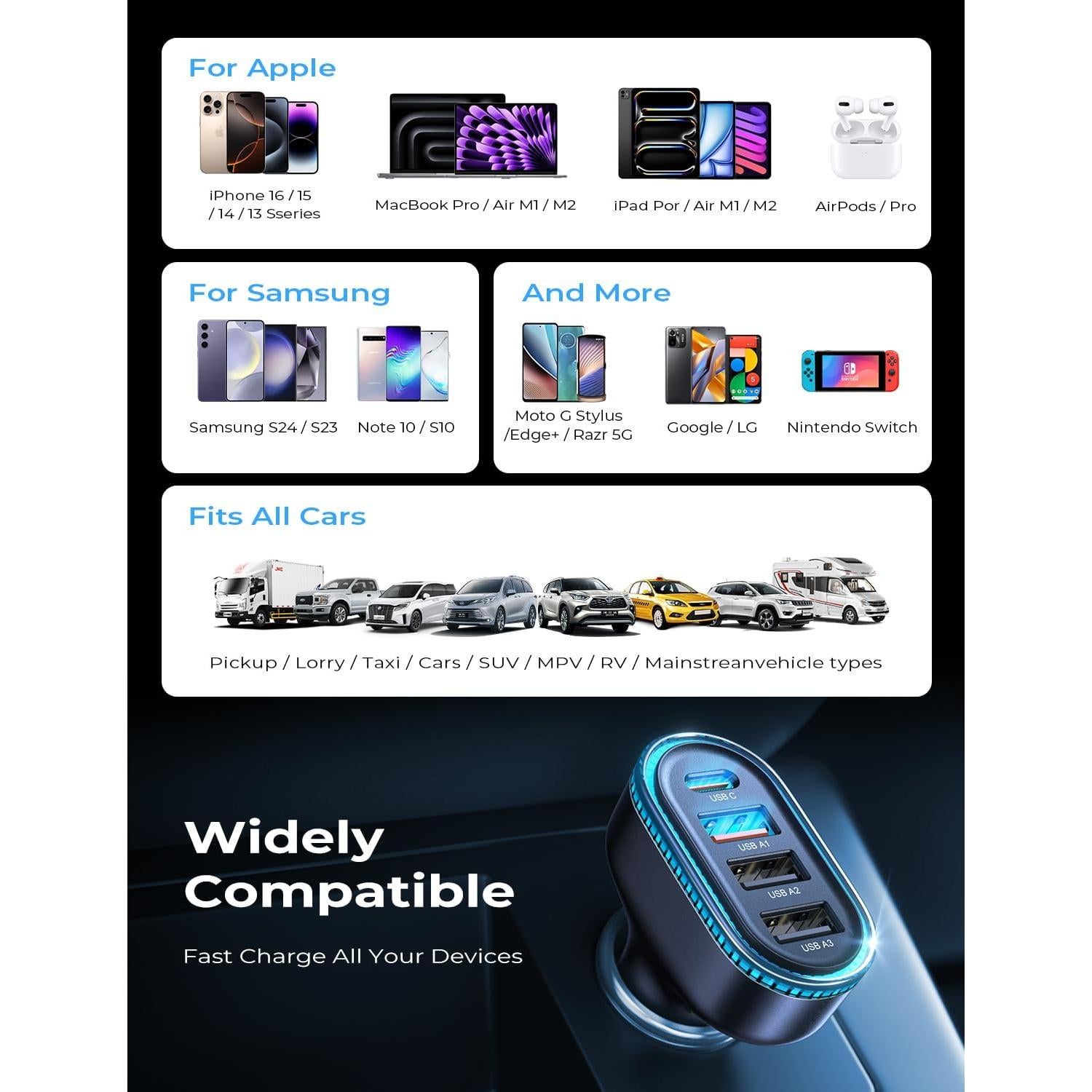 Cargador de Coche USB C LISEN 60W 4 Puertos Rápido Negro