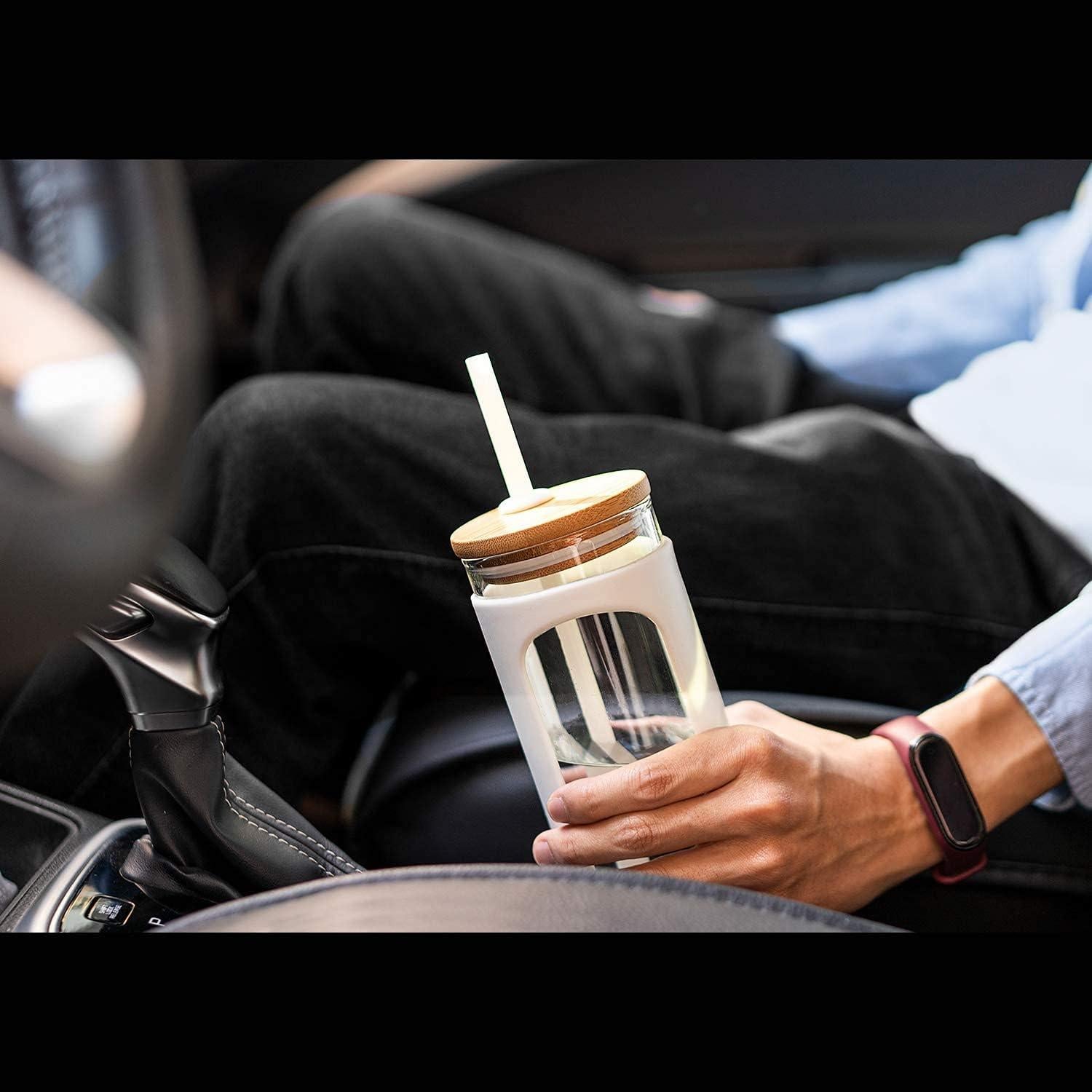 Vasos de Vidrio Kodrine 20oz con Tapa de Bambú y Popotes - 2 Pack