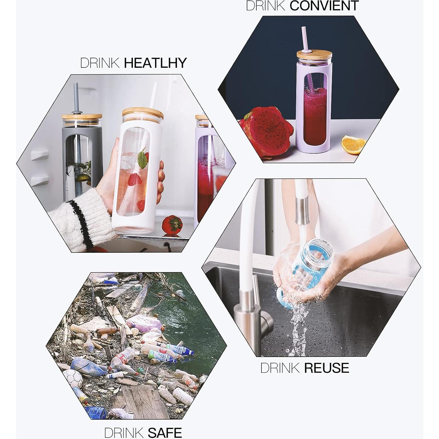 Vasos de Vidrio Kodrine 20oz con Tapa de Bambú y Popotes - 2 Pack