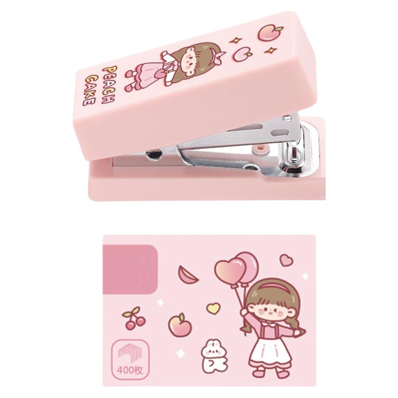 Cute Caetoon Desktop Stapler with Staples, Small Mini Office Stapler, Kids Cartoon Staplers for Desk, Handheld Stapler for Home Office (Pink)