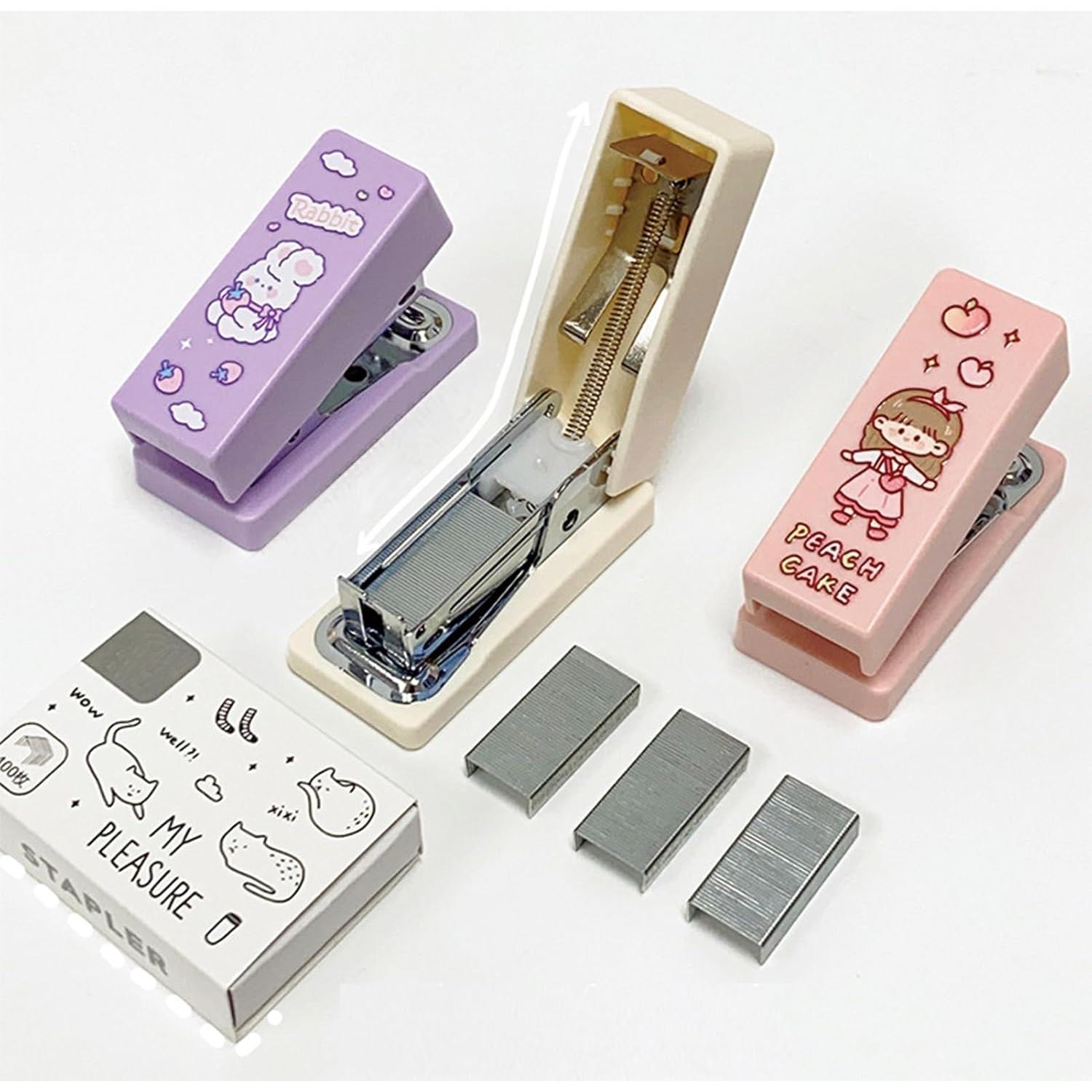 Cute Caetoon Desktop Stapler with Staples, Small Mini Office Stapler, Kids Cartoon Staplers for Desk, Handheld Stapler for Home Office (Pink)