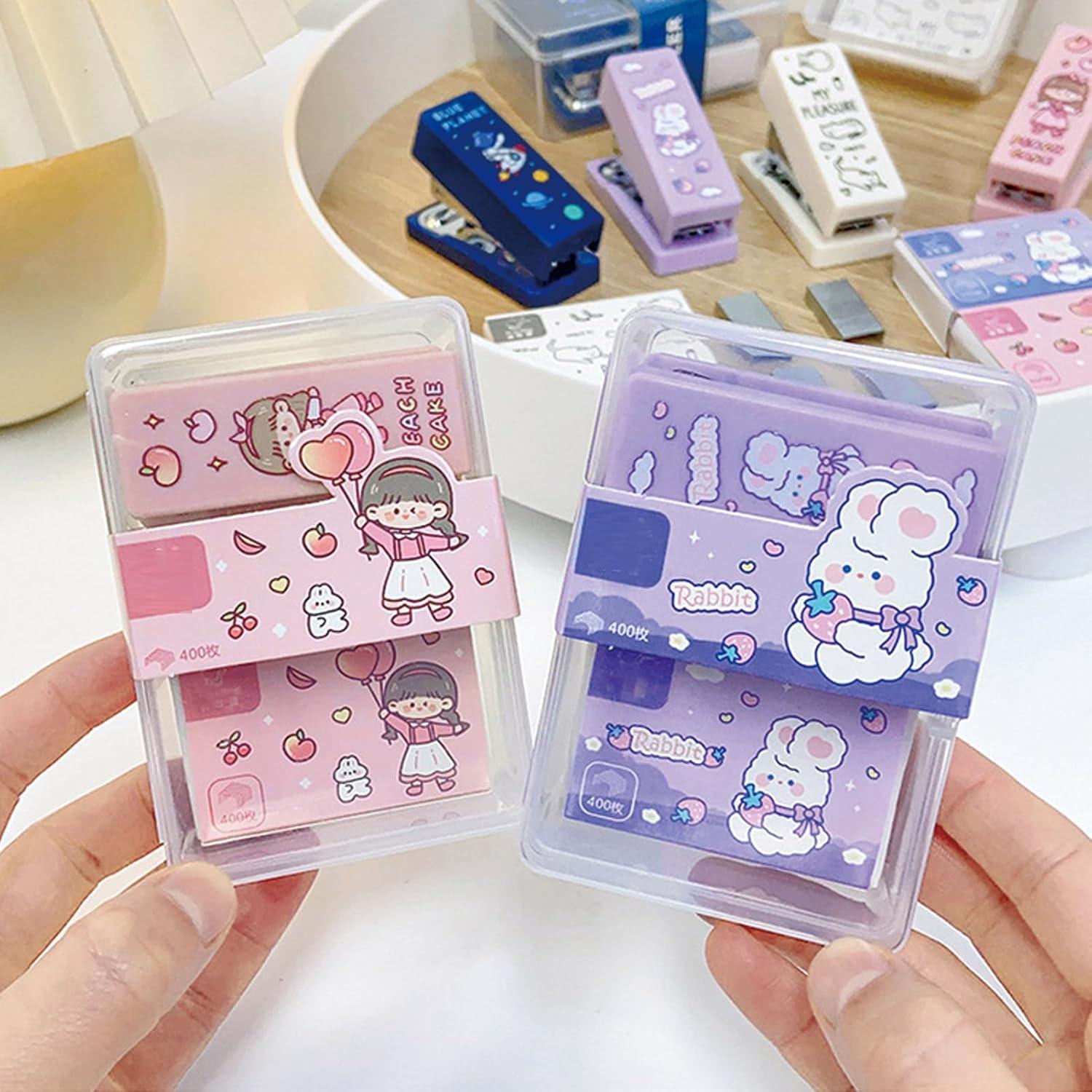 Cute Caetoon Desktop Stapler with Staples, Small Mini Office Stapler, Kids Cartoon Staplers for Desk, Handheld Stapler for Home Office (Pink)