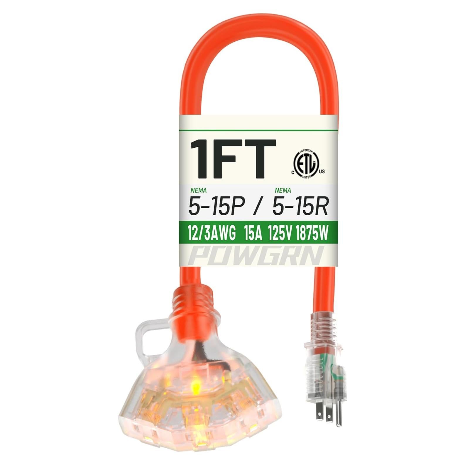 Cable de Extensión 12/3 POWGRN 1 Pie Naranja 3 Salidas